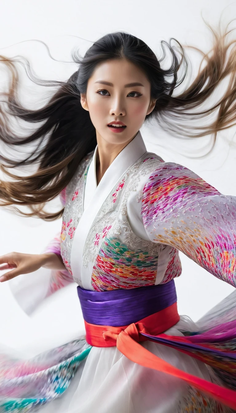 Motion blur, black and white close up, white background, a woman in an intricate and colorful hanbok dress, spinning frantically, translucent stinging air particles on the hem of the dress, professional fashion photography, super macro, extraordinarily rich and super detailed texture of long wavy hair, poster style, minimalist, tilted shifted hands and face, nikon, hasselblad, canon, fuji, 16k
