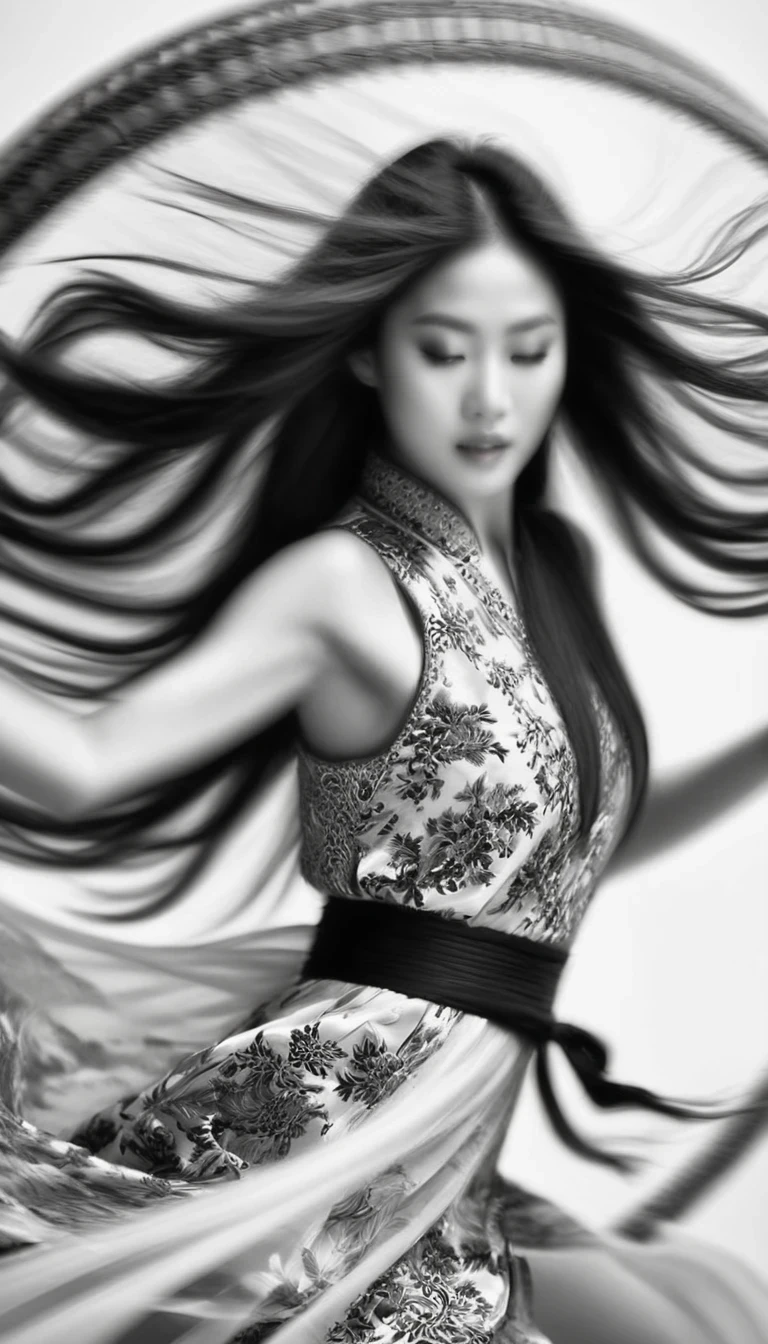 Motion bluMotion blur, black and white close up, white background, (a beautiful girl in an intricate and colorful Chinese dress is passionately beating a Chinese drum), translucent dormant air particles on the hem of the dress, professional fashion photography, super macro, unusually much long wavy hair flying wildly, super detailed textures, tilted shifts of the hands and the face, poster style, minimalist, nikon, Hasselblad, canon, fujifilm, 16K