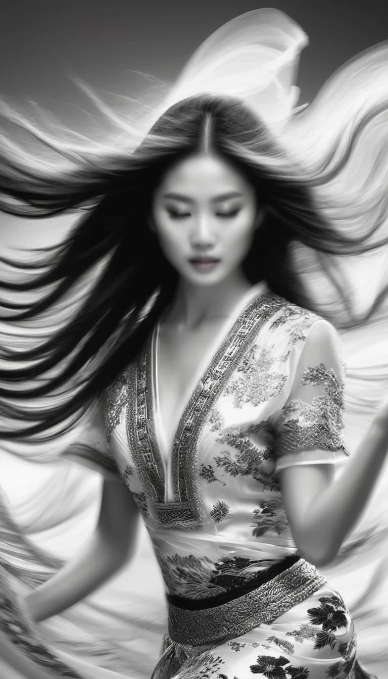 Motion bluMotion blur, black and white close up, white background, (a beautiful girl in an intricate and colorful Chinese dress is passionately beating a Chinese drum), translucent dormant air particles on the hem of the dress, professional fashion photography, super macro, unusually much long wavy hair flying wildly, super detailed textures, tilted shifts of the hands and the face, poster style, minimalist, nikon, Hasselblad, canon, fujifilm, 16K