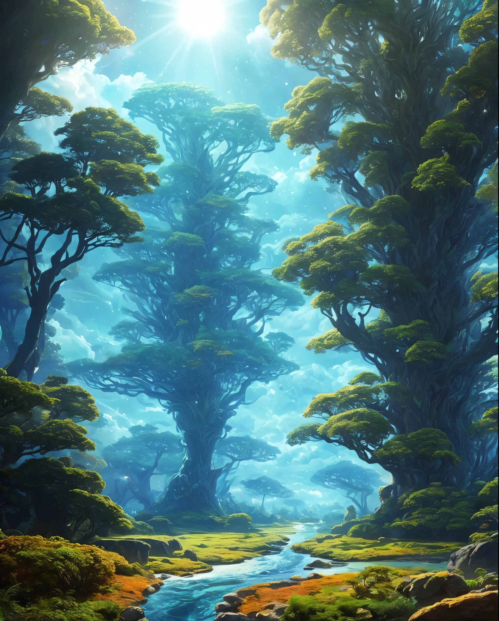 surreal illustrations , otherworldly, Super sky scene featuring the full body of a giant crystal tree,Very detailed and magical lighting, Intricate forest details, Surrounding plants and rivers, sun punk ,sight, Huge tree, Beautiful fall foliage with beautiful lighting and realistic proportions, It&#39;s like a movie background, 8K, best quality, masterpiece, sky with clouds and stars.