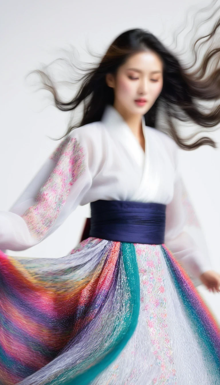 Motion blur, black and white close up, white background, a woman in an intricate and colorful hanbok dress, spinning frantically, translucent stinging air particles on the hem of the dress, professional fashion photography, super macro, extraordinarily rich and super detailed texture of long wavy hair, poster style, minimalist, tilted shifted hands and face, nikon, hasselblad, canon, fuji, 16k
