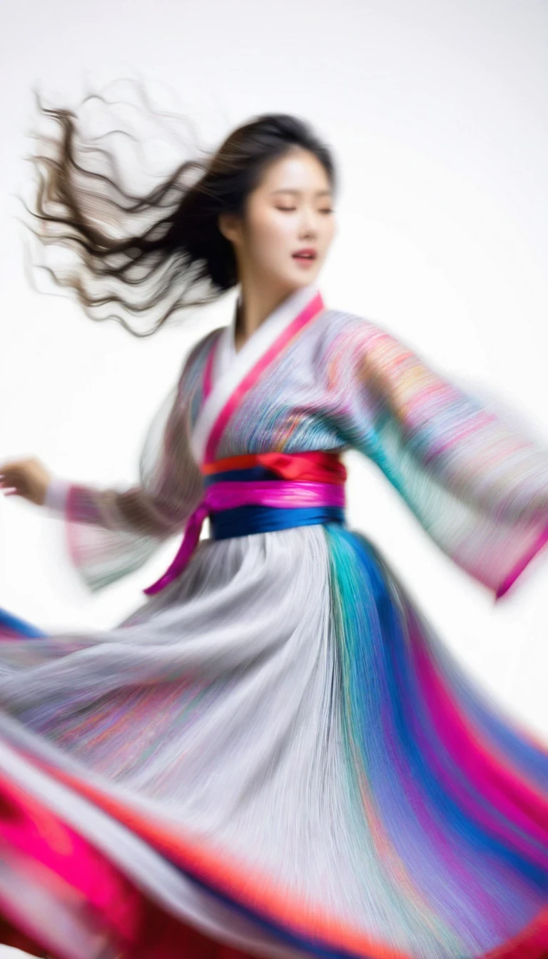 Motion blur, black and white close up, white background, a woman in an intricate and colorful hanbok dress, spinning frantically, translucent stinging air particles on the hem of the dress, professional fashion photography, super macro, extraordinarily rich and super detailed texture of long wavy hair, poster style, minimalist, tilted shifted hands and face, nikon, hasselblad, canon, fuji, 16k
