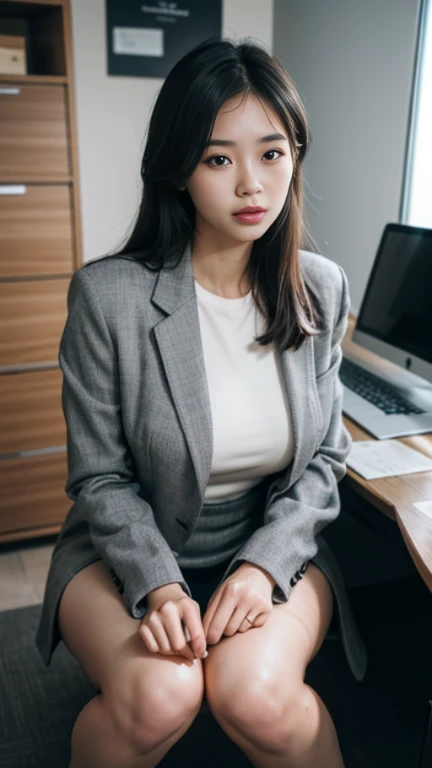 (best quality,4k,8k,highres,masterpiece:1.2),ultra-detailed,(realistic,photorealistic,photo-realistic:1.37),huge,G-cup,woman in grey suit,beautiful detailed eyes,beautiful detailed lips,extremely detailed eyes and face,longeyelashes,wearing a gray miniskirt,gray miniskirt that reaches above the knees,145cm tall,25-year-old woman,squatting down in an empty office,empty office with modern furnishings,I'm watching from above,professional,office lighting,sharp focus,vivid colors