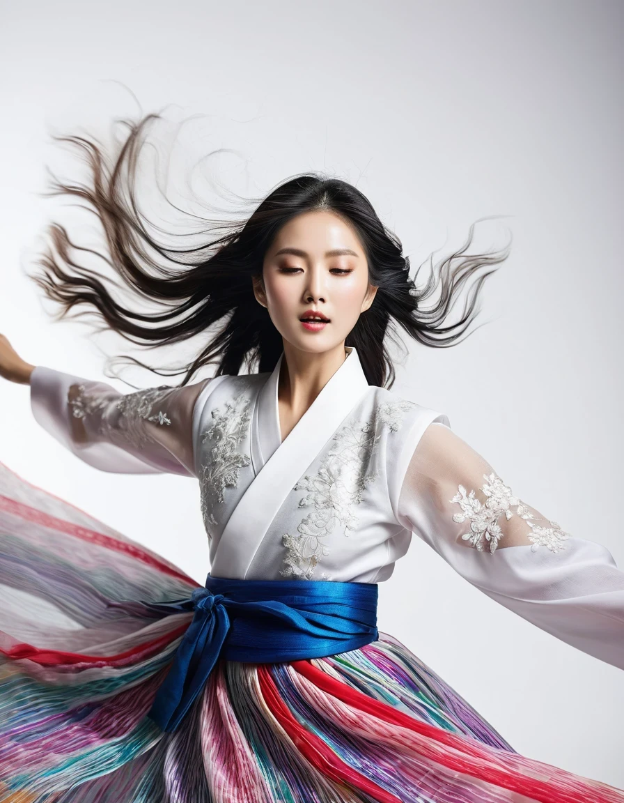 Motion blur, black and white close up, white background, a woman in an intricate and colorful hanbok dress, spinning frantically, translucent stinging air particles on the hem of the dress, professional fashion photography, super macro, extraordinarily rich and super detailed texture of long wavy hair, poster style, minimalist, tilted shifted hands and face, nikon, hasselblad, canon, fuji, 16k
