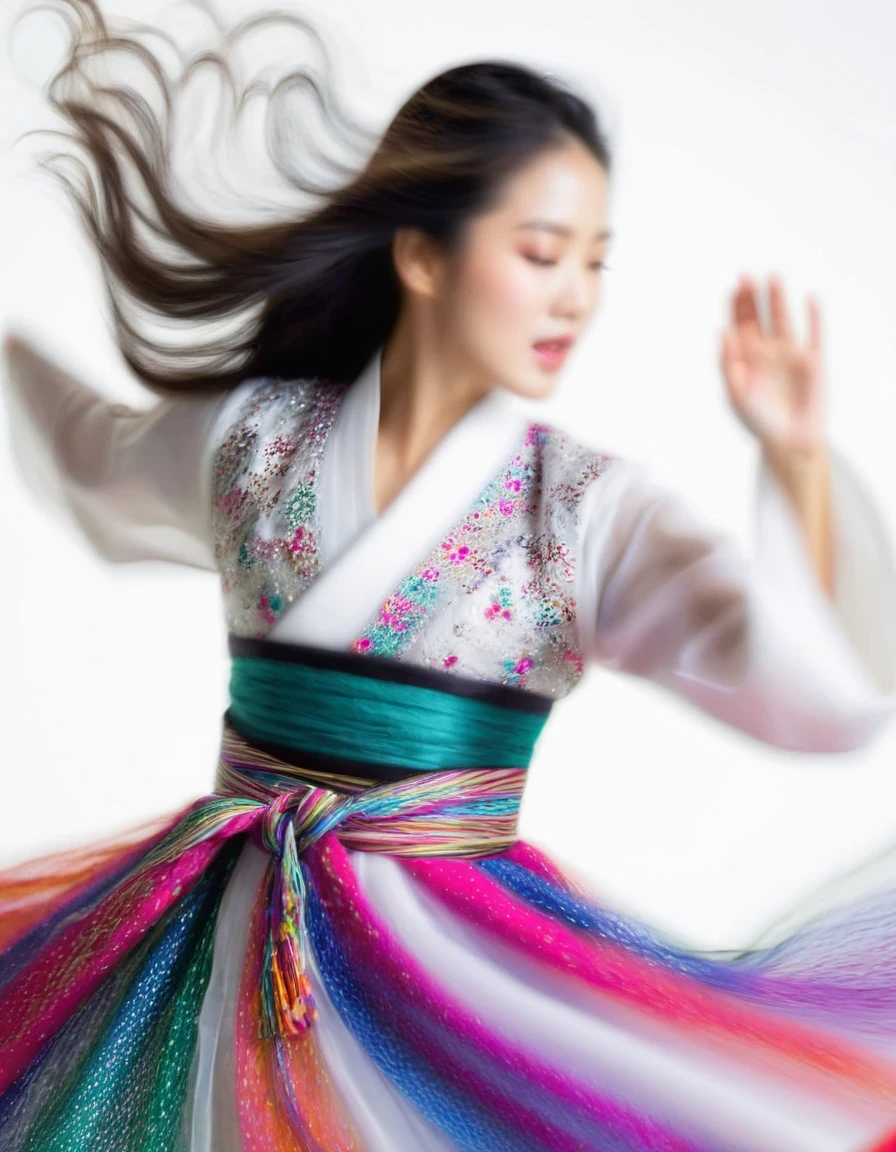 Motion blur, black and white close up, white background, a woman in an intricate and colorful hanbok dress, spinning frantically, translucent stinging air particles on the hem of the dress, professional fashion photography, super macro, extraordinarily rich and super detailed texture of long wavy hair, poster style, minimalist, tilted shifted hands and face, nikon, hasselblad, canon, fuji, 16k
