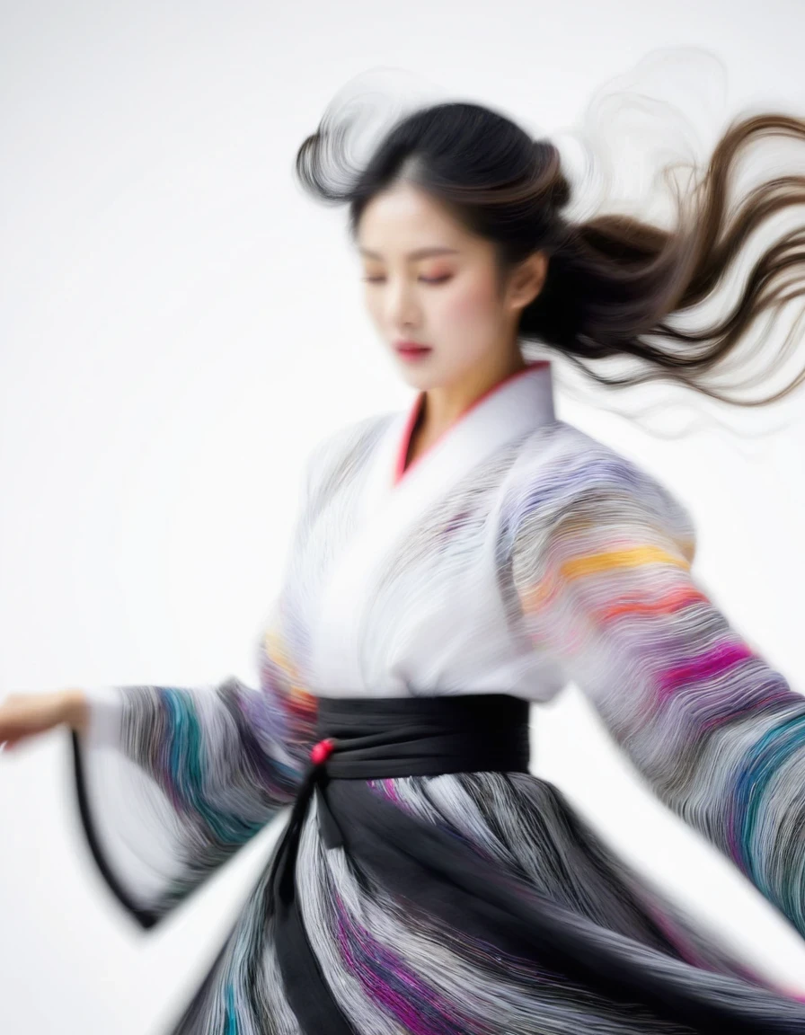 Motion blur, black and white close up, white background, a woman in an intricate and colorful hanbok dress, spinning frantically, translucent stinging air particles on the hem of the dress, professional fashion photography, super macro, extraordinarily rich and super detailed texture of long wavy hair, poster style, minimalist, tilted shifted hands and face, nikon, hasselblad, canon, fuji, 16k
