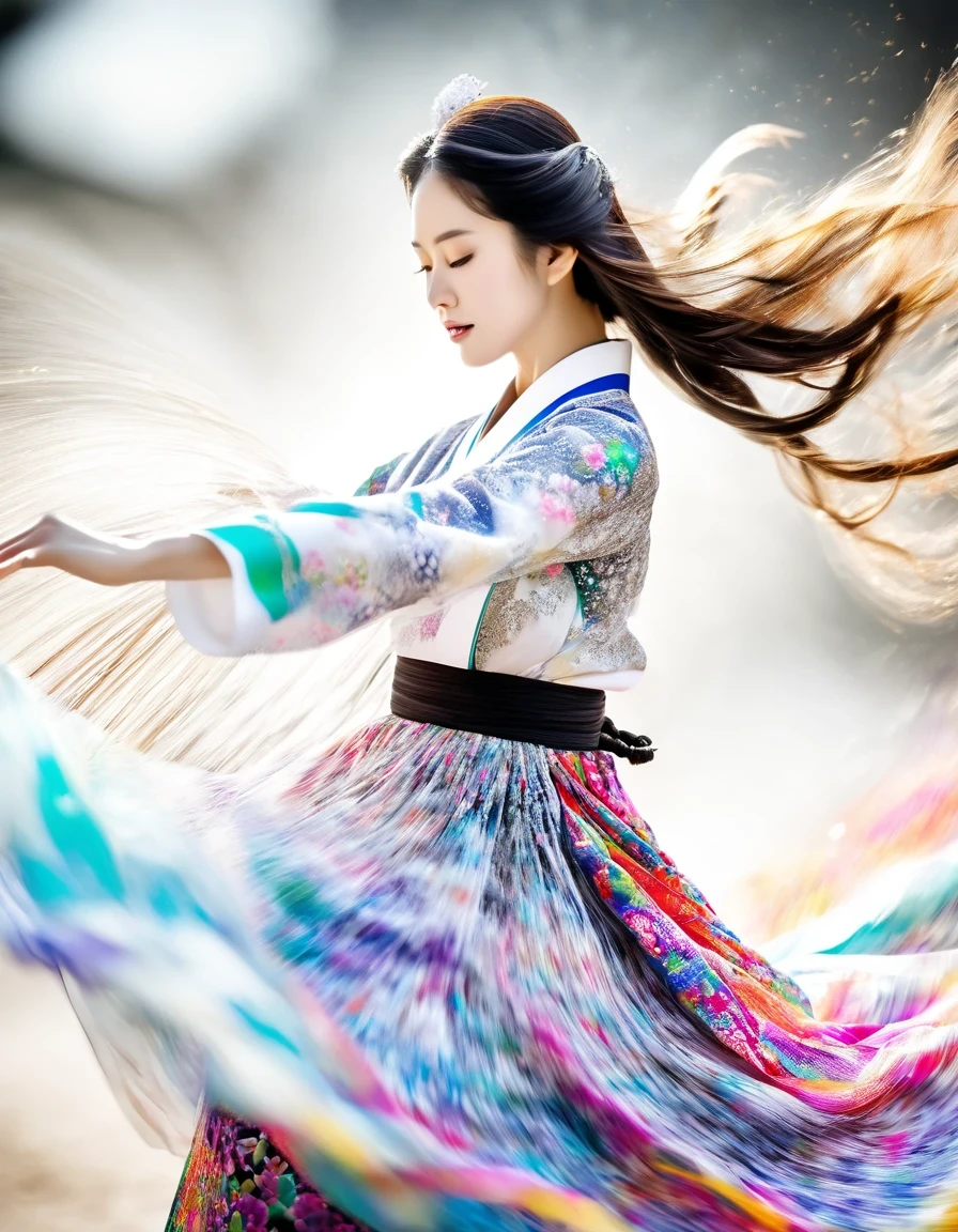 Motion blur, black and white close up, white background, a woman in an intricate and colorful hanbok dress, spinning frantically, translucent stinging air particles on the hem of the dress, professional fashion photography, super macro, unusually rich and super detailed texture of long wavy hair, poster style, minimalist ::1, tilt shift of hands and face, Nikon, Hasselblad, Canon, Fuji, 16K
