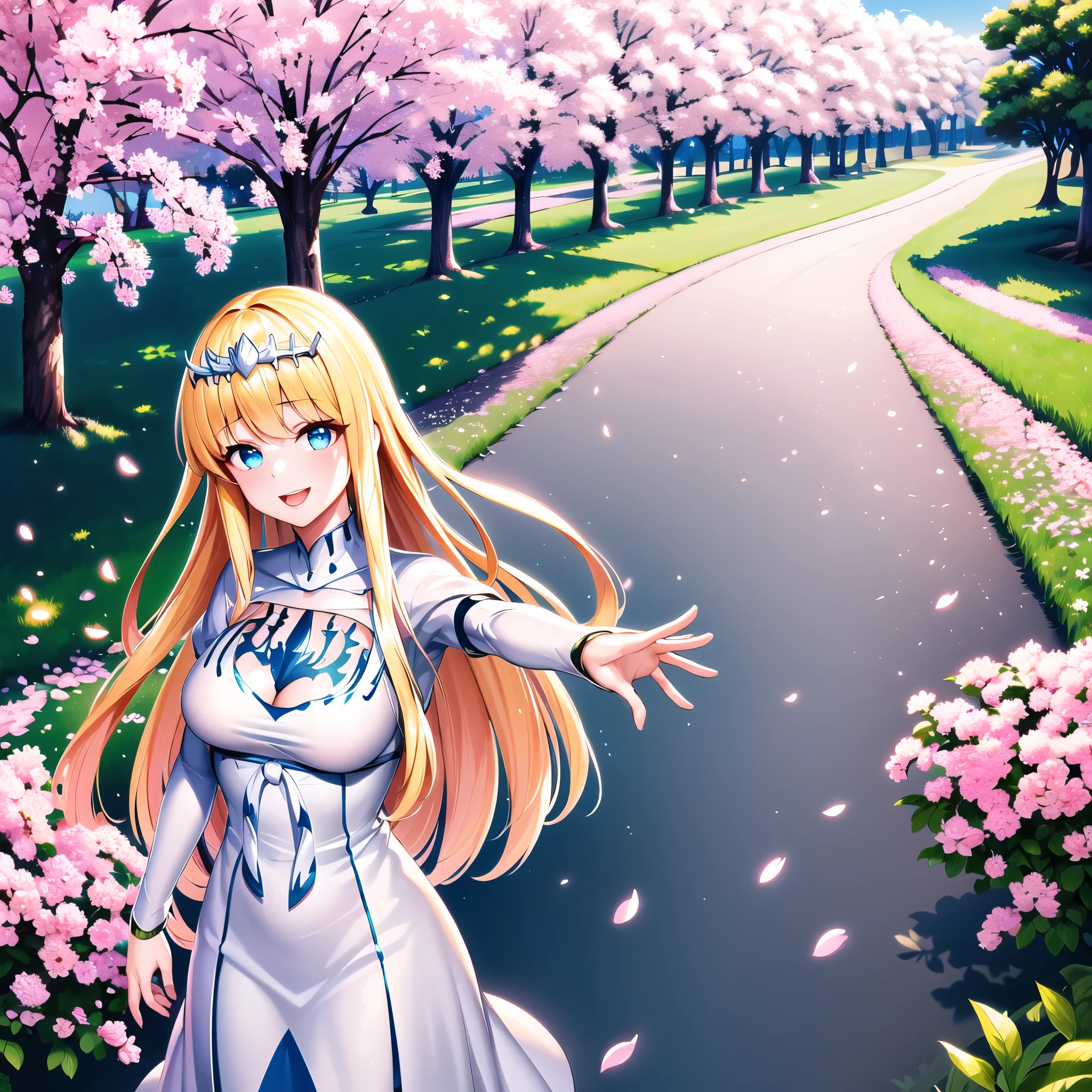masterpiece, best quality, highres, aatakina, , reaching out, cherry blossoms, outdoors, petals, standing, cowboy shot, smile, open mouth, 1girl,solo, Calca, Calca Bessarez, blonde hair, extremely long hair, very long hair, white tiara, silver tiara, white dress, blue eyes, medium chest