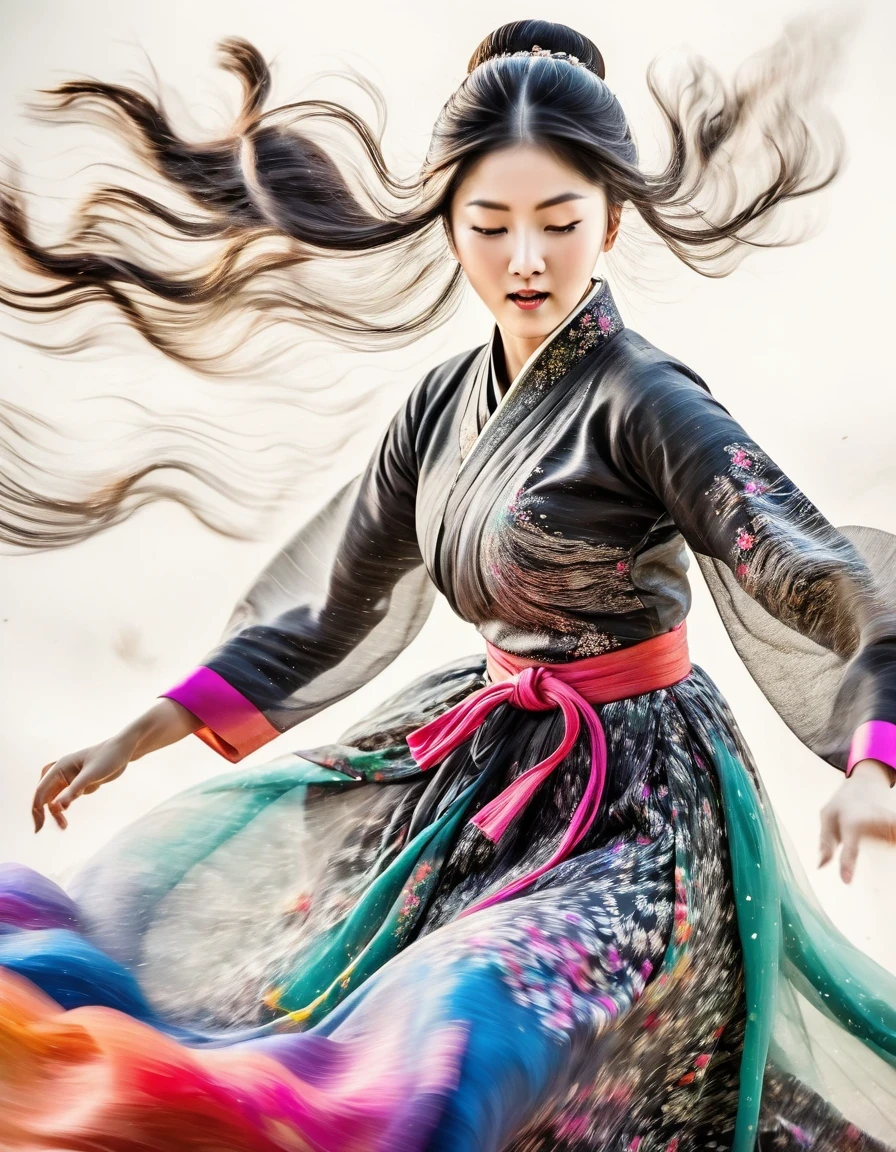 Motion blur, black and white close up, white background, a woman in an intricate and colorful hanbok dress, spinning frantically, translucent stinging air particles on the hem of the dress, professional fashion photography, super macro, unusually rich and super detailed texture of long wavy hair, poster style, minimalist ::1, tilt shift of hands and face, Nikon, Hasselblad, Canon, Fuji, 16K
