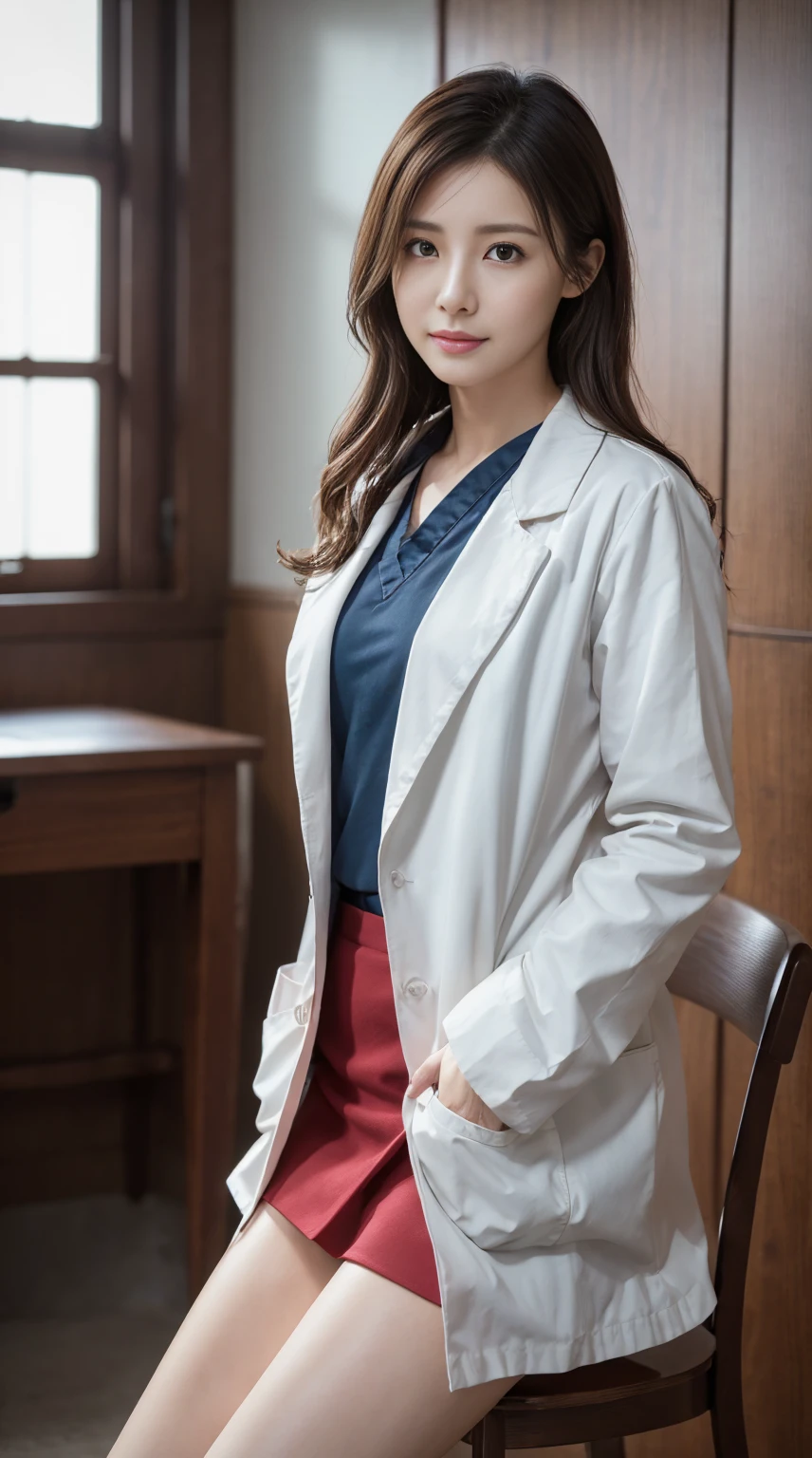 Photorealisticistic beautiful doctor、Stunningly beautiful、doctor'Under her white coat is sexy red underwear, Collared shirt、(highest quality、8K、32k、masterpiece、nfsw:1.3)、Ultra-high resolution,(Photorealistic:1.4),Raw photo, Detailed face,,Beautiful Hair, ((doctor style)), , Black tight skirt、 Natural Makeup, Ample breasts、In the hospital, Detailed Background, Perfect lighting, Written boundary depth, Beautiful shadow gradation,Stethoscope ,NSFW、Beautiful female doctor、Fall in love、Underwear flickering、Sit in the examination chair、