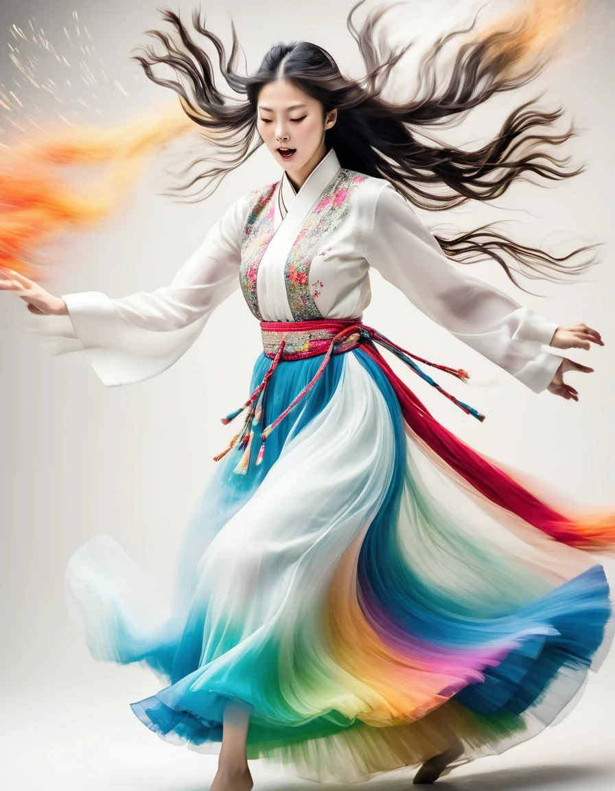 Motion blur, black and white close up, white background, a woman in an intricate and colorful hanbok dress, spinning frantically, translucent stinging air particles on the hem of the dress, professional fashion photography, super macro, unusually rich and super detailed texture of long wavy hair, poster style, minimalist ::1, tilt shift of hands and face, Nikon, Hasselblad, Canon, Fuji, 16K
