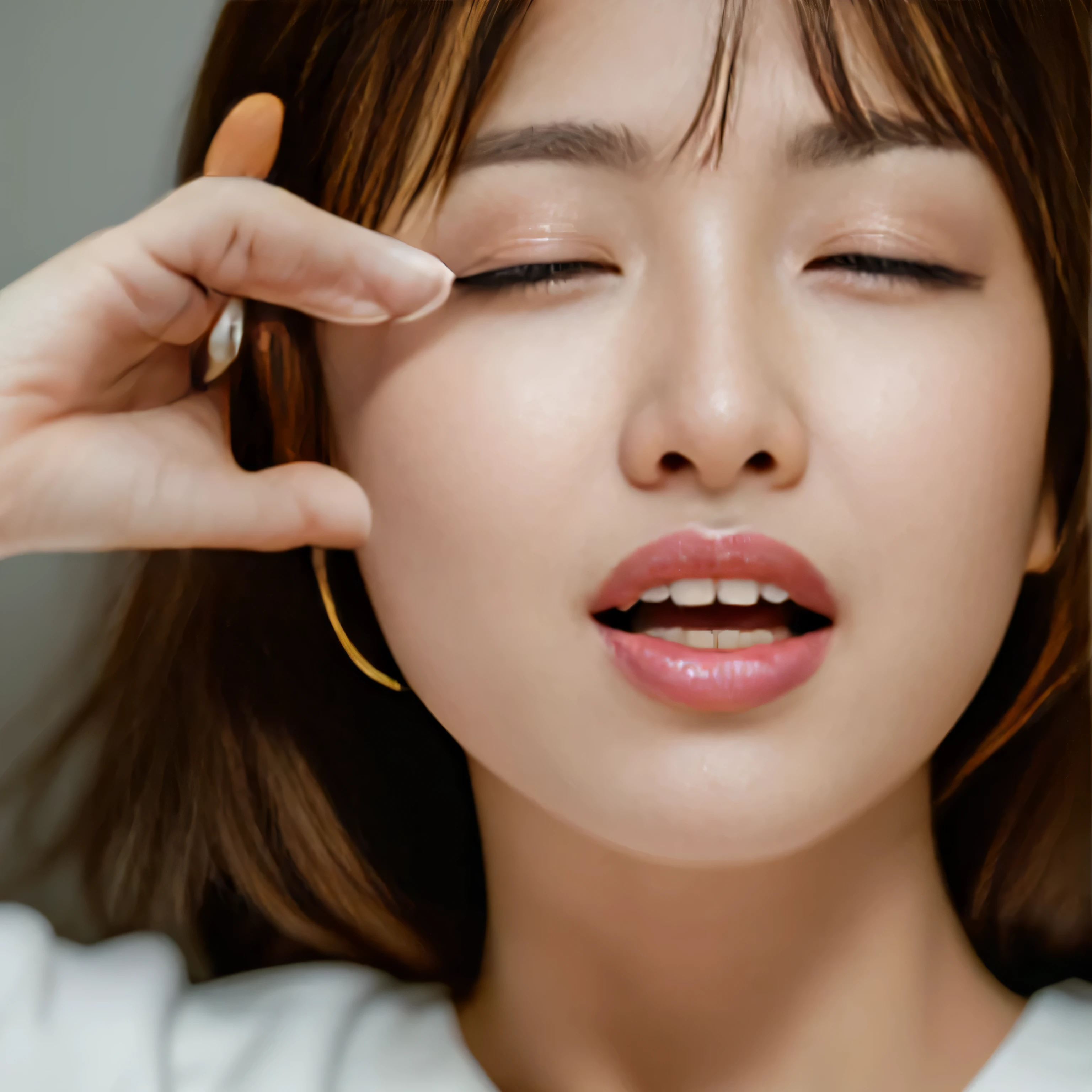 Highest quality,Japanese Idols, Short Bob Hair、bangs、Award-winning photo, Very detailed, Edge Orgasm, Face Focus, (Woman with open mouth and closed eyes ), Age 30、Black Hair、 News anchor、Glowing Skin,From below、Realistic nostrils、Browsing Caution,Shortcuts、Big Breasts、Vibrator prank in public, 公共の場でのBig Breasts女性, She leaned back., (She closed her eyes), she yawns, She wants you to stop using vibrators