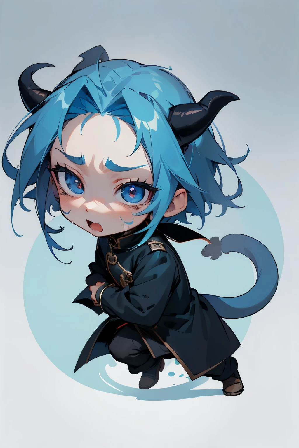 boy, full body, cartoon style, chibi style, cute, monkey tail, Demon horns from the forehead, beautiful face, cry face, blue color eye, beautiful eye, high detailed pupil, double eyeylid, high detailed skin, high quality skin, blue color hair, black clothes, masterpiece,