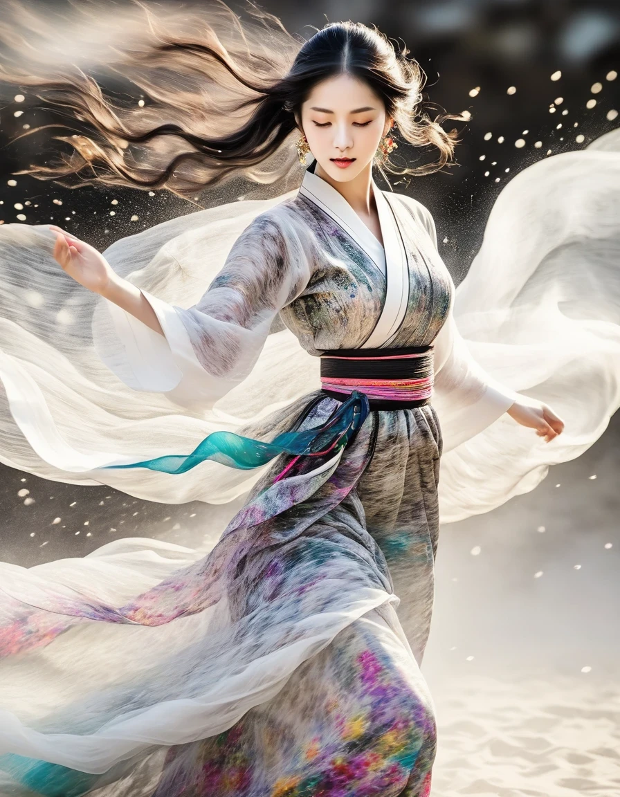 Motion blur, black and white close up, white background, a woman in an intricate and colorful hanbok dress with translucent stinging air particles on the hemline, professional fashion photography, super macro, super detailed texture of long wavy hair, poster style, minimalist ::1, tilt-shift of hands and face, Nikon, Hasselblad, Canon, Fuji, 16K
