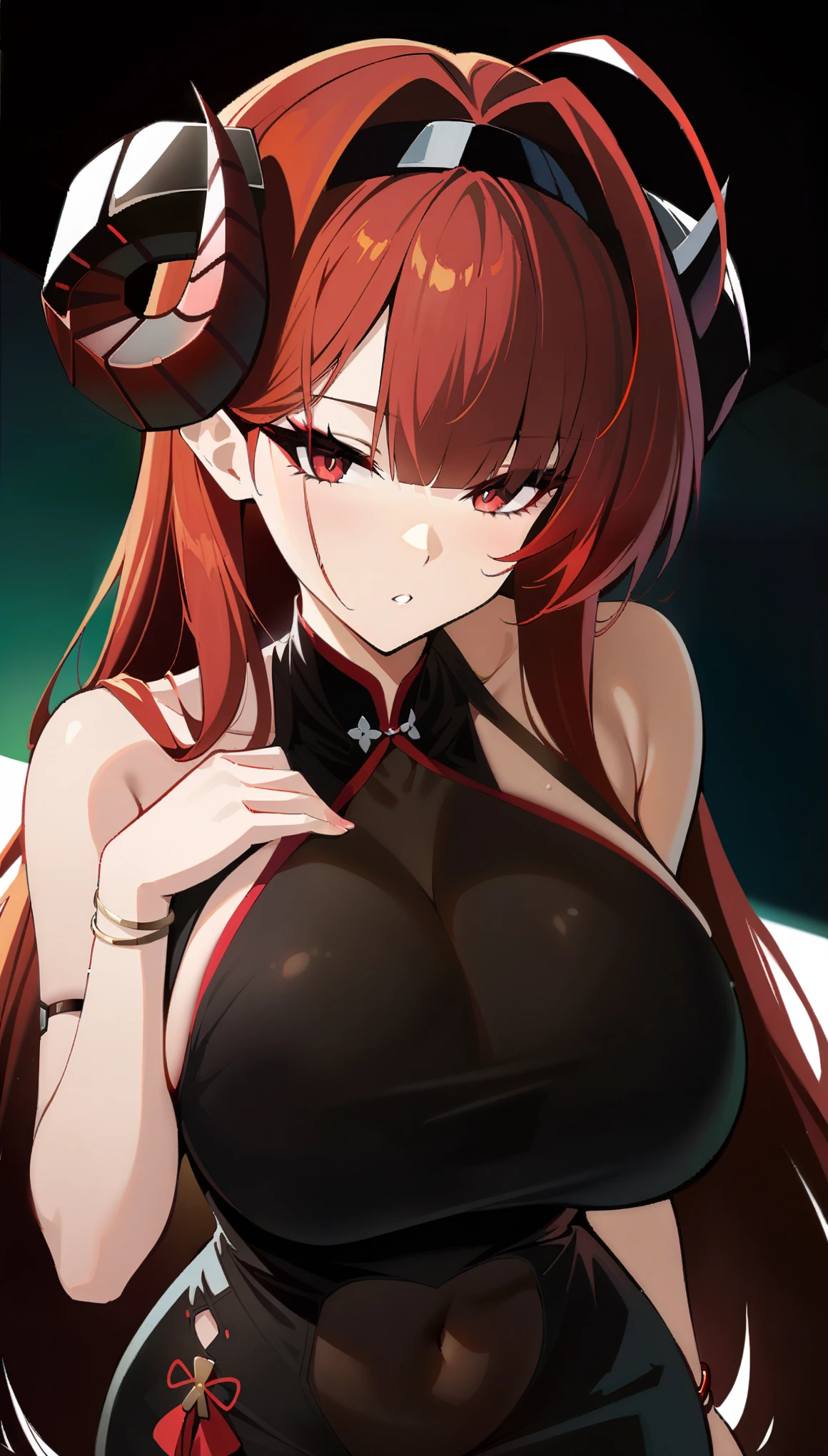 ,tmasterpiece,Best quality,extremely detaild CG unified 8k wallpapers, tmasterpiece, Best quality, CG, optics , Hindenburg(((azur lane))),detail processing,((Red pupil)),headgear,hair on one eye,((MILF,A mature woman)), Huge cleavage,Intimacies,eventide,Clear face,face expressionless,bangle,((big horns)),solo,((long cheongsam))