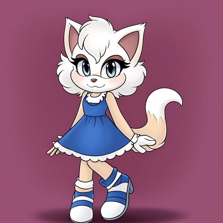 persian cat, white cat mobian, 1girl, fluffy hair, blue dress, fluffy tail