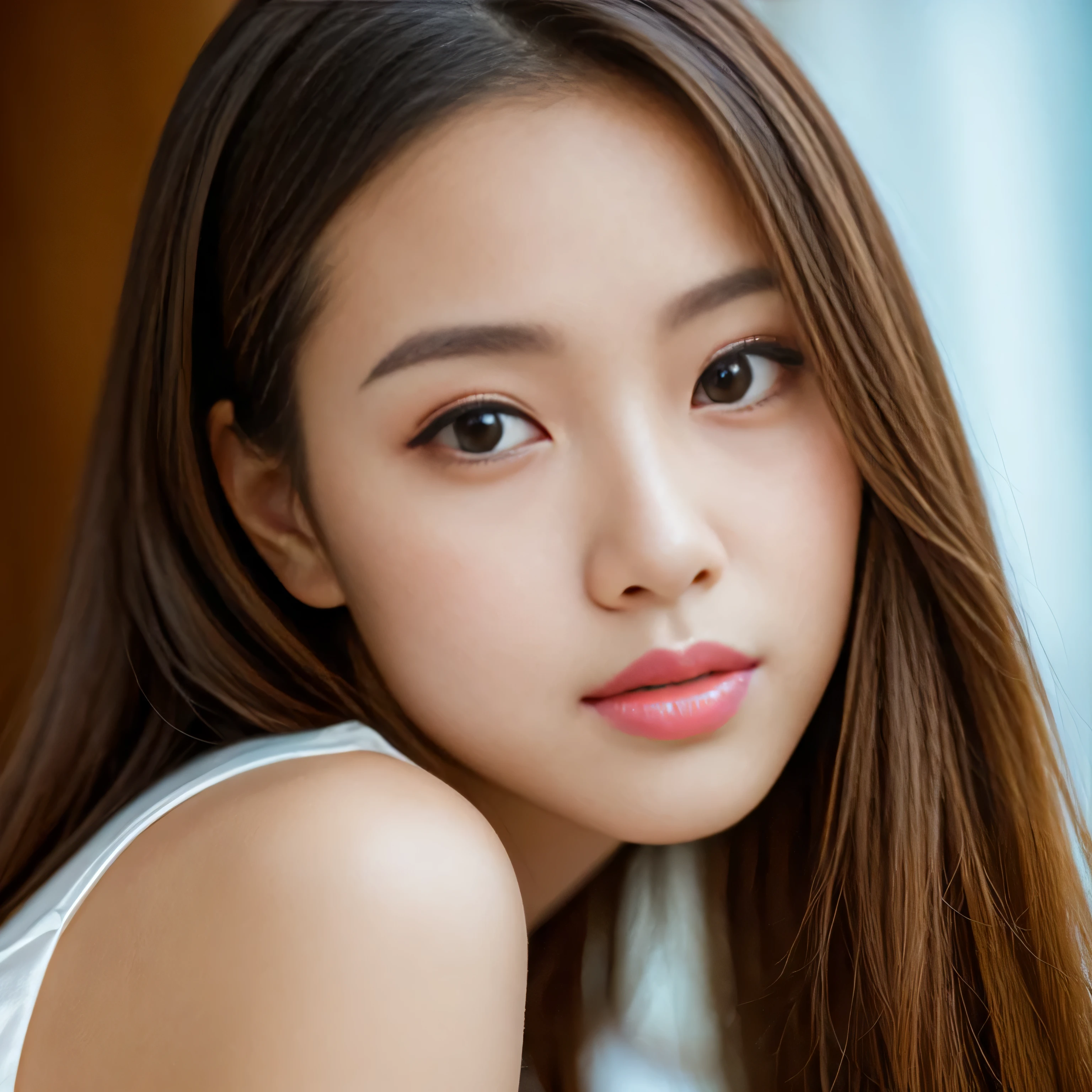 (Open your mouth:1.7) (eyes are narrowed:1.6) (She is facing forward:1.2) (Close up of her orgasmic face:1.6) (Professional photographer taking photos with a single-lens reflex camera 8hair) ((Her bangs are cut very nicely、It reaches my eyes.)) (Her hair is parted in the middle) (Her hair is very shiny and glossy, OK, thick, silky, and incredibly straight medium-long hair) ((highest quality)), ((masterpiece)), (familiar), Perfect Face (Surreal photos by professional photographers) (She has a typical Japanese build and skin color.., Her skin is very delicate and sensitive..、and、Such beautiful and radiant skin) (Her face is long, Small eyes and nose.、Narrow-mouthed and the most beautiful) (She is one of the most beautiful 18-year-old high school girls in Japan...) (She wears professional, ladylike makeup.:1.2 Lipstick is natural red The eyeliner is a beautiful black) (She is wearing a beautiful white silk dress. :1.2) (This is a luxury hotel room...) (and get used to it) double eyelid Beautiful woman:1.4 (She is sitting upright) Beautifully detailed face 8k, ,(Actual, Vibrant:1.4), 8k, Realistic, RAW Photos, Best image quality: 1.4) pay attention to detail