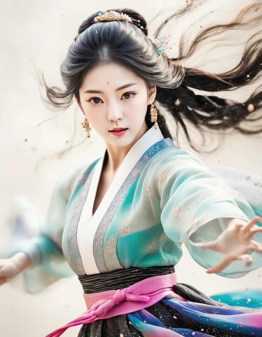 Motion blur, black and white close up, white background, a woman in an intricate and colorful hanbok dress with translucent stinging air particles on the hemline, professional fashion photography, super macro, super detailed texture of long wavy hair, poster style, minimalist ::1, tilt-shift of hands and face, Nikon, Hasselblad, Canon, Fuji, 16K
