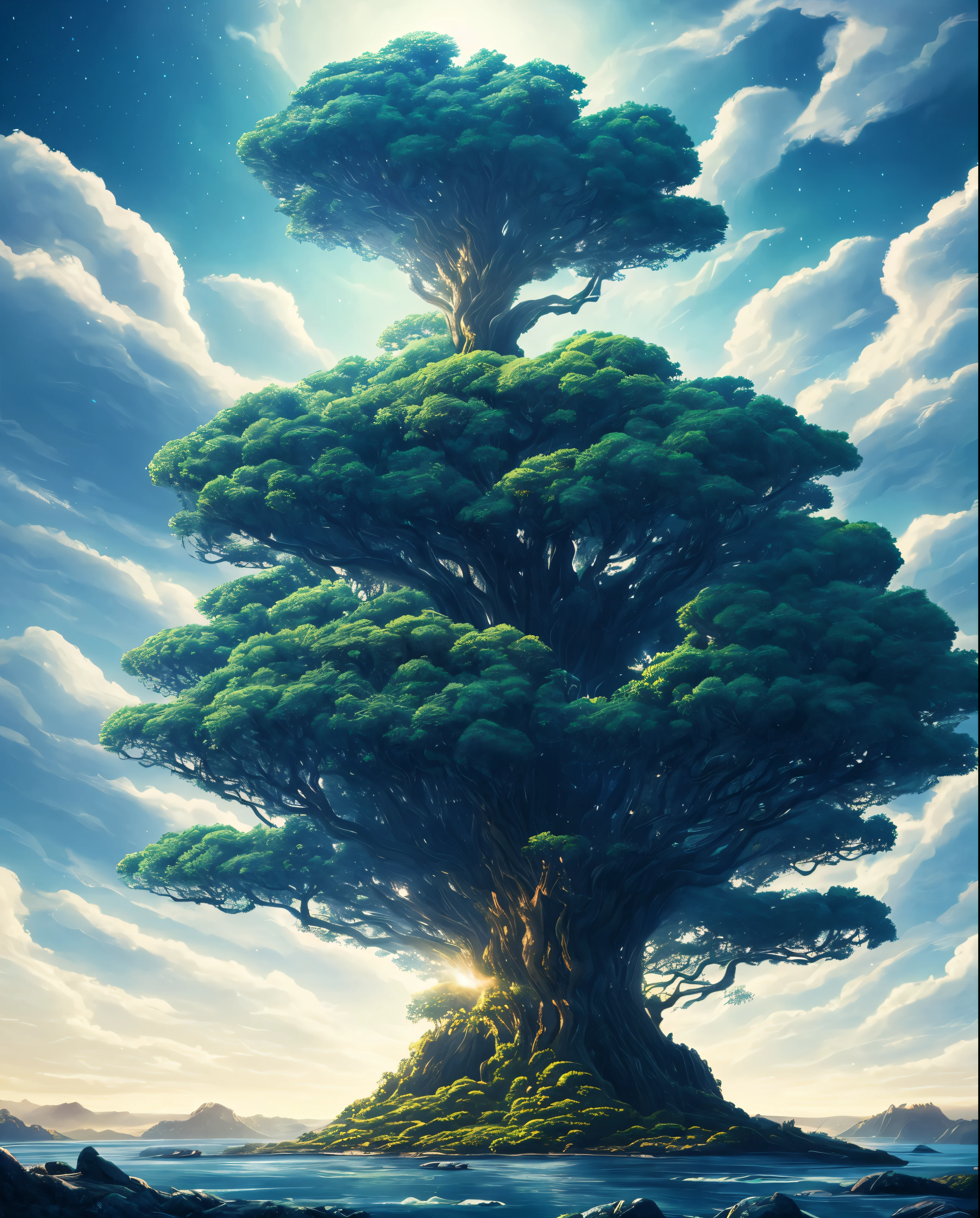 surreal illustrations , otherworldly, Super sky scene featuring the full body of a giant crystal tree,Very detailed and magical lighting, Intricate forest details, Surrounding plants and rivers, sun punk ,sight, Huge tree, Beautiful fall foliage with beautiful lighting and realistic proportions, It&#39;s like a movie background, 8K, best quality, masterpiece, sky with clouds and stars.