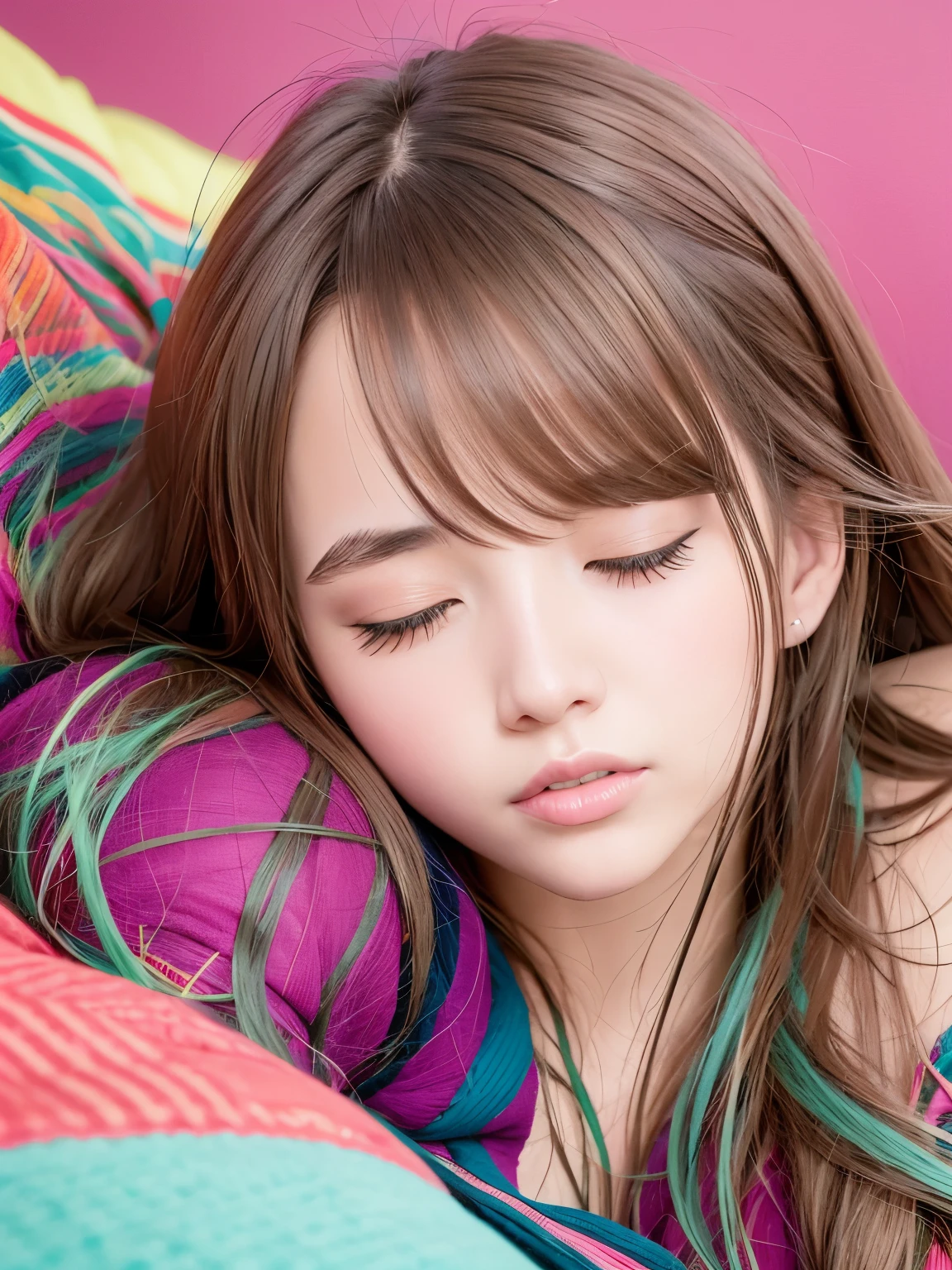 The overall image is realistic and photorealistic rendering. A teenage woman, a cute girl, a cute sleeping face, long eyelashes, and a toned body. Bright clothes, anime style, pastel colors. Sleeping in bed, lying down, eyes closed. Colorful background, bedroom, colorful POP room, bright room with sunlight, soft lighting (top quality, high resolution).
