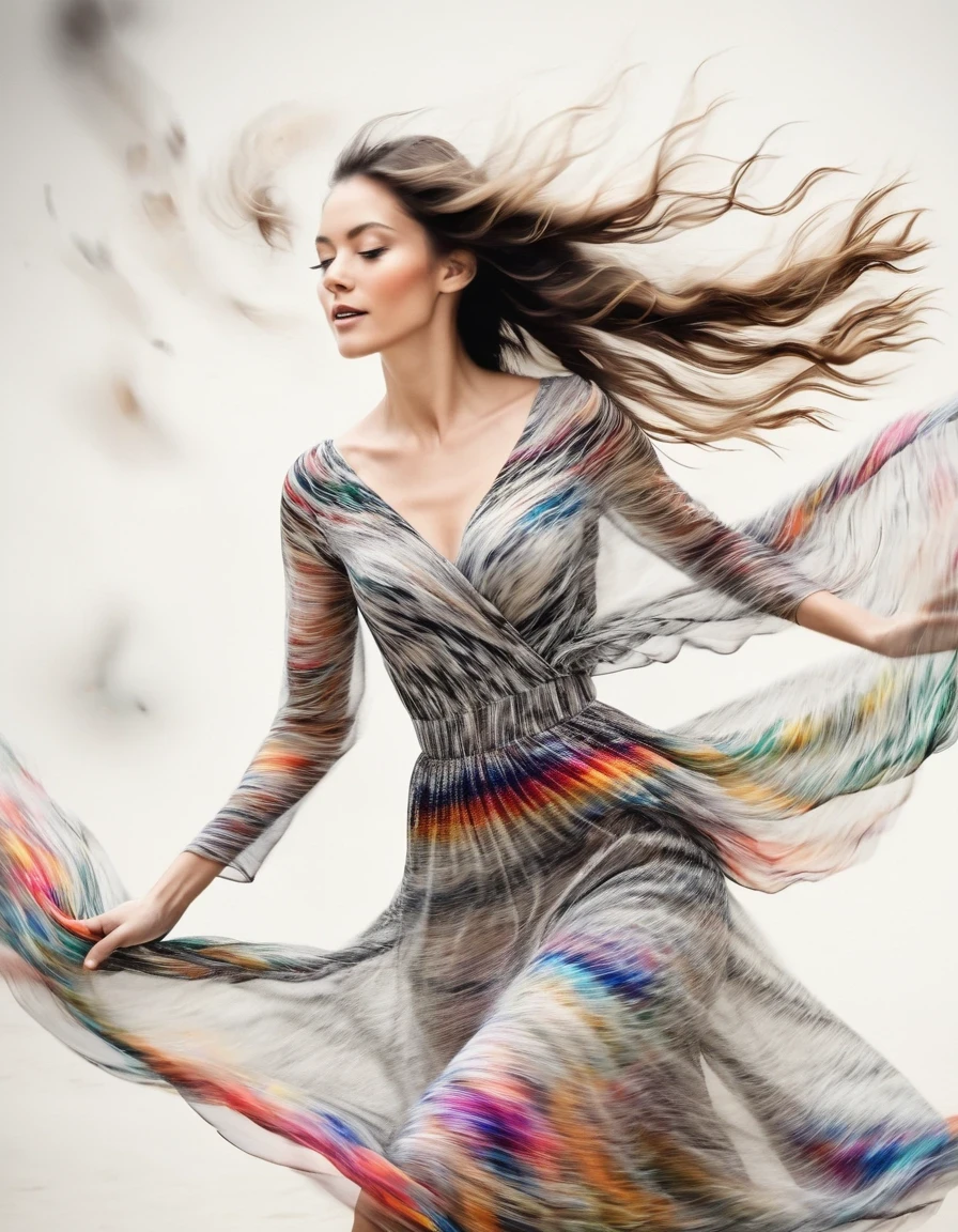 Motion blur Black and white close up, white background, a woman in an intricate colorful dress with translucent stinging air particles on the hem, professional fashion photography, super macro, super detailed texture of long wavy hair, poster style, minimalist ::1, tilt-shift of hands and face, Nikon, Hasselblad, Canon, Fuji, 16K