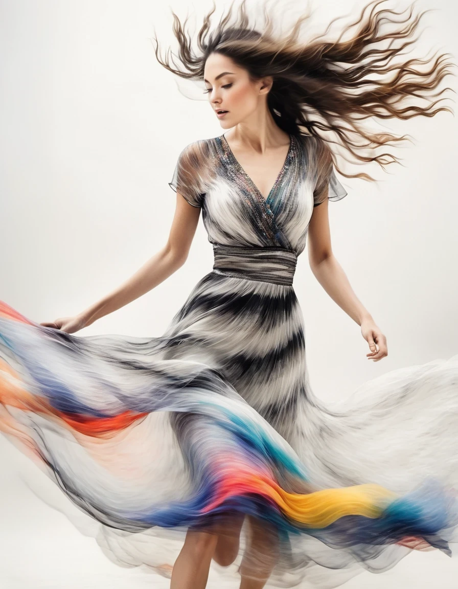 Motion blur Black and white close up, white background, a woman in an intricate colorful dress with translucent stinging air particles on the hem, professional fashion photography, super macro, super detailed texture of long wavy hair, poster style, minimalist ::1, tilt-shift of hands and face, Nikon, Hasselblad, Canon, Fuji, 16K