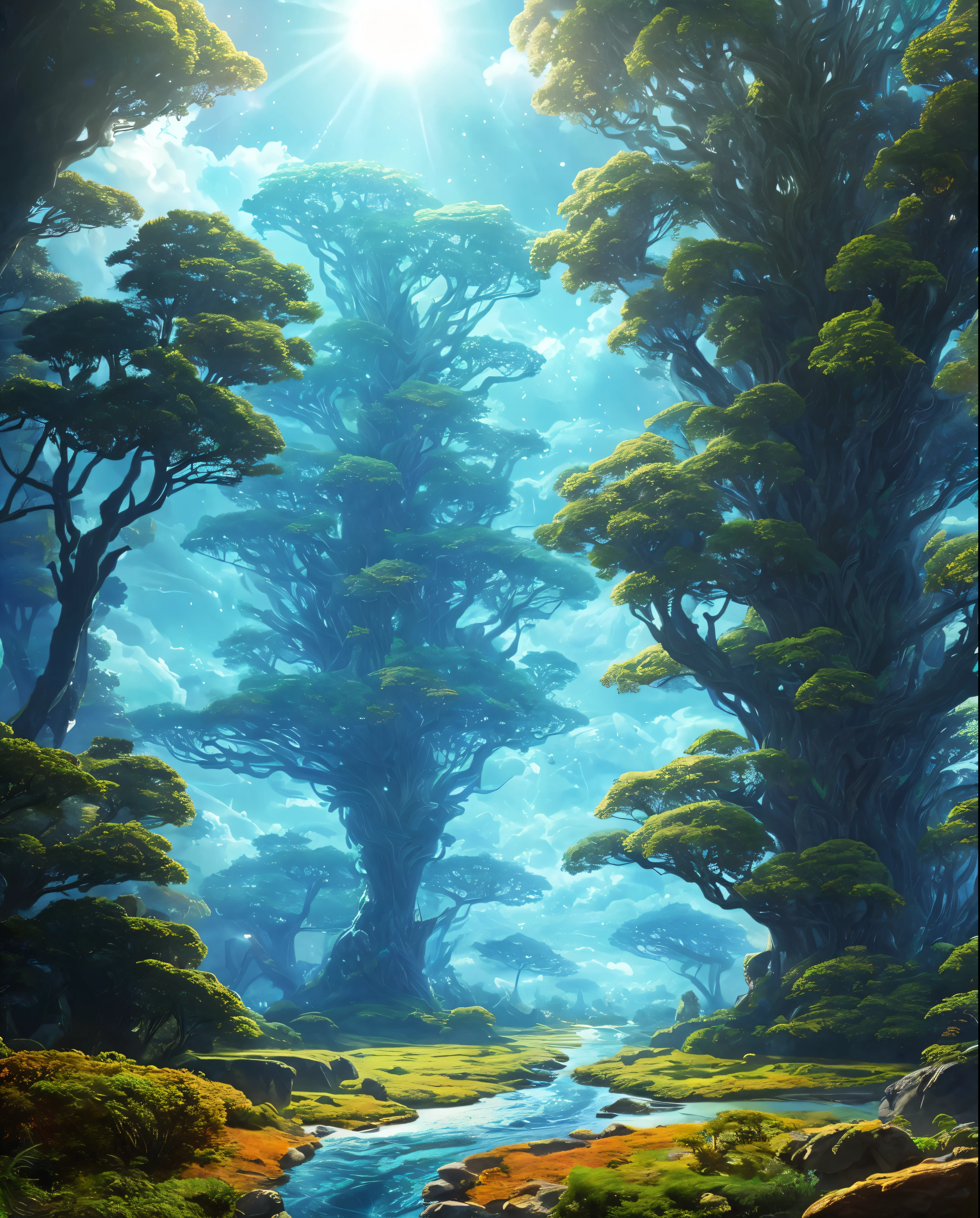 surreal illustrations , otherworldly, Super sky scene featuring the full body of a giant crystal tree,Very detailed and magical lighting, Intricate forest details, Surrounding plants and rivers, sun punk ,sight, Huge tree, Beautiful fall foliage with beautiful lighting and realistic proportions, It's like a movie background, 8K, best quality, masterpiece, sky with clouds and stars.