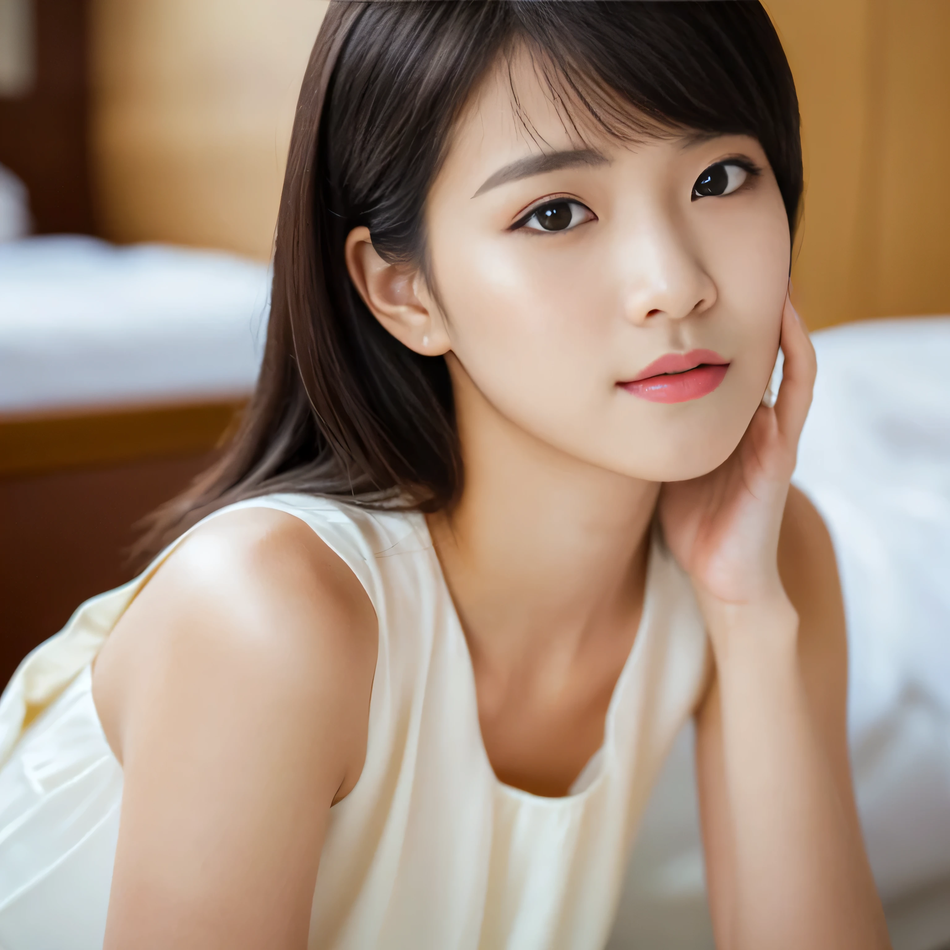(Close up of her orgasm face:1.2)　(Professional photographer taking photos with a single-lens reflex camera　８hair)　((Her bangs are cut very nicely、It reaches my eyes.))　(Her hair is parted in the middle)　(Her hair is very shiny and glossy, OK, thick, silky, and incredibly straight medium-long hair)　((highest quality)), ((masterpiece)), (familiar), Perfect Face　(Surreal photos by professional photographers)　(She has a typical Japanese build and skin color.., Her skin is very delicate and sensitive..、and、Such beautiful and radiant skin)　(Her face is long, Small eyes and nose.、Narrow-mouthed　and the most beautiful)　(She is one of the most beautiful 18-year-old high school girls in Japan...)　(She wears professional, ladylike makeup.:1.2　Lipstick is natural red　The eyeliner is a beautiful black)　(She is wearing a beautiful white silk dress. :1.2)　(This is a luxury hotel room...)　(and get used to it)　　double eyelid　Beautiful woman:1.4　(She is sitting upright)　　Beautifully detailed face　8k, ,(Actual, Vibrant:1.4), 8k, Realistic, RAW Photos, Best image quality: 1.4)　pay attention to detail