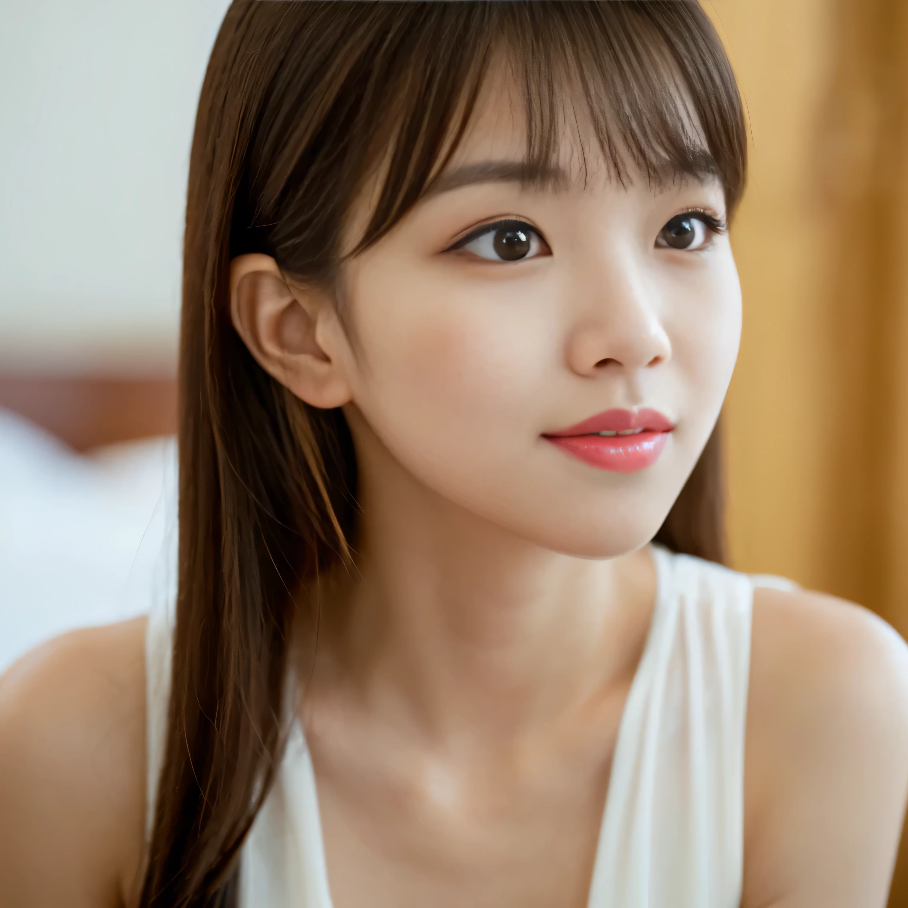 (Mouth open:1.5)　(The eyes are narrowed:1.6)　(She is facing forward:1.2)　(Face close-up:1.2)　(Professional photographer taking pictures with a single-lens reflex camera　８K)　((Her bangs are very neatly cut and reach down to her eyes.))　(Her hair is parted in the center)　(Her hair is very shiny and glossy, Are you okay, thick, silky, And incredibly straight medium-long hair)　((highest quality)), ((masterpiece)), (Familiar), Perfect Face　(Surreal photos by professional photographers)　(She has a typical Japanese build and skin color., Her skin is very delicate and sensitive.、And such beautiful glowing skin)　(Her face is long, Small eyes and small nose.、Narrow-mouthed　And the most beautiful)　(She is one of the most beautiful 18-year-old Japanese high school girls in Japan..)　(She has a professional and ladylike makeup:1.2　Lipstick is natural red　The eyeliner is a beautiful black)　(She is wearing a beautiful white silk dress. :1.2)　(This is a luxury hotel room..)　(And get used to it)　(She is staring at your genitals with a naughty look on her face.:1.4)　(Her face is very pretty and beautiful)　double eyelid　Beautiful woman:1.4　((She is sitting upright))　　Beautifully detailed face　8k, ,(Actual, Vibrant:1.4), 8k, Photorealistic, RAW Photos, Best image quality: 1.4)　Pay attention to the details