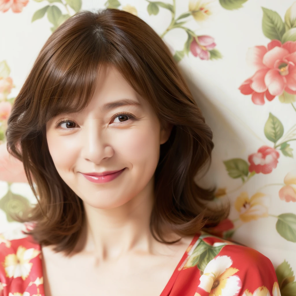 Upper Body myself woman 45 years old bob hair Brown Hair beautiful hair shiny hair Japan( sharpen ), (Purelos Face_v1:0.7), (8K, highest quality), unconscious, Open Eyes, Big, perfect hands, Detailed Finger, wedding ring, High resolution, original, (Flat Color:0.9),(Colorful:1.1),(masterpiece:1,2), highest quality, masterpiece, High resolution, original, Highly detailed wallpaper, Viewer Perspective, alone, Portrait, Mature Woman Body Set, A slight smile, While staring at this, Floral Background,Natural wrinkles, Wrinkles around the eyes, Surreal, Natural Skin, Natural Hair Color, Bright red lips
