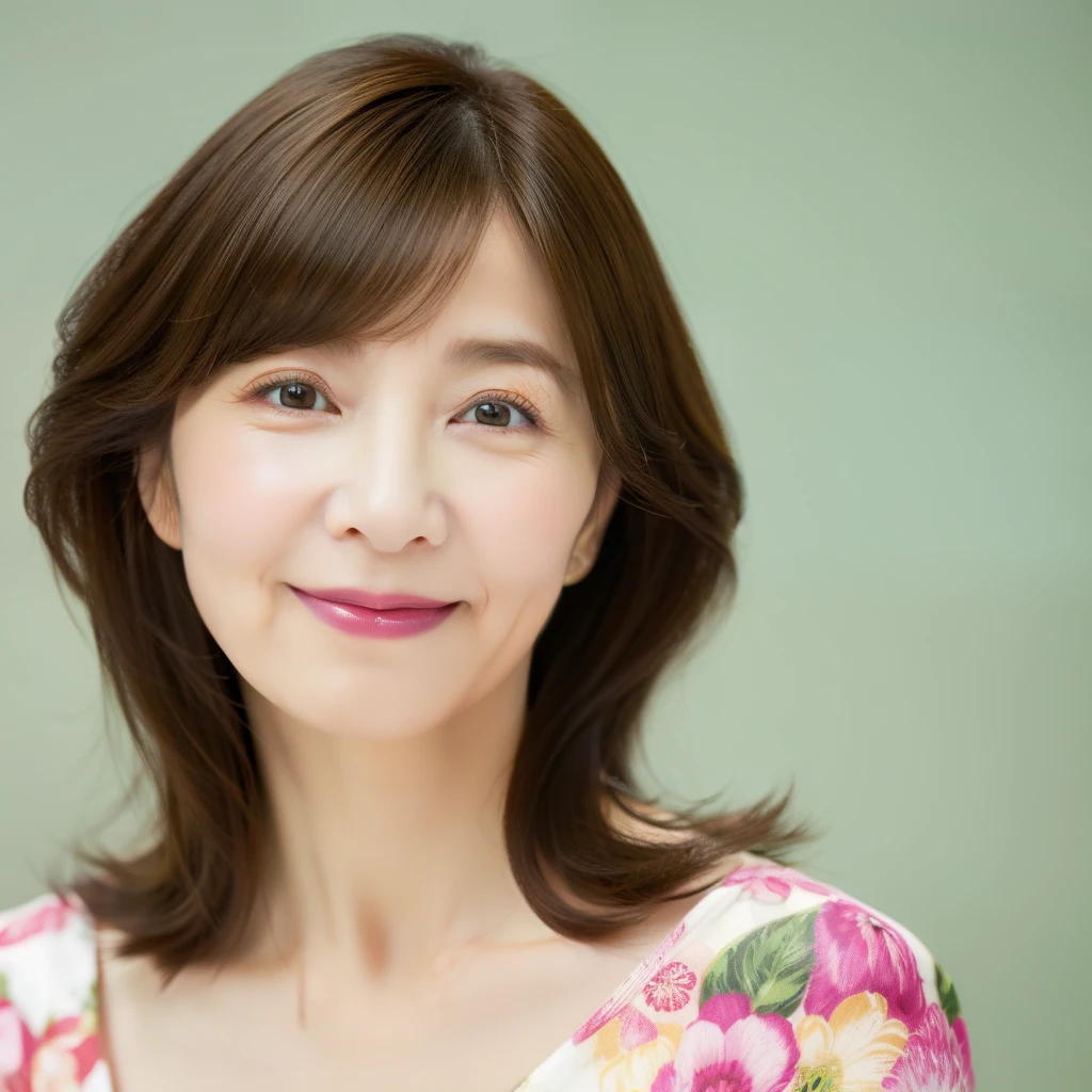 Upper Body myself woman 45 years old bob hair Brown Hair beautiful hair shiny hair Japan( sharpen ), (Purelos Face_v1:0.7), (8K, highest quality), unconscious, Open Eyes, Big, perfect hands, Detailed Finger, wedding ring, High resolution, original, (Flat Color:0.9),(Colorful:1.1),(masterpiece:1,2), highest quality, masterpiece, High resolution, original, Highly detailed wallpaper, Viewer Perspective, alone, Portrait, Mature Woman Body Set, A slight smile, While staring at this, Green and pink floral background,Natural wrinkles, Wrinkles around the eyes, Surreal, Natural Skin, Natural Hair Color, Bright red lips