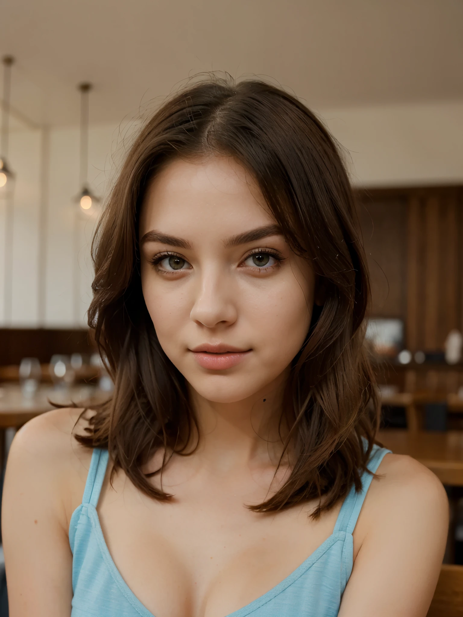 ((Best quality)), ((masterpiece)), (detailed), perfect face cute face blonde hair in a restaurant blue short dress