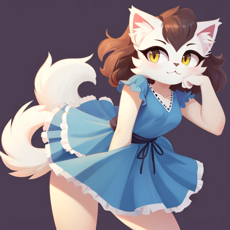 persian cat, white cat mobian, 1girl, fluffy hair, blue dress, fluffy tail