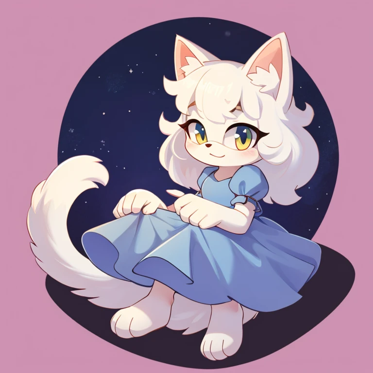 persian cat, white cat mobian, 1girl, fluffy hair, blue dress, fluffy tail