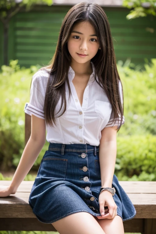 masterpiece, high-quaiity,(Correct Anatomy),Raw Photos, Photorealistic、Cute face,(well-proportioned face:1.5)、Embarrassed look,High resolution,Super detailed,Fine details,Very detailed,very realistic eyes and face,Realistic students,Sharp Focus,natural light,day light,high quality,(Japanese)、Looks just like Kanna Hashimoto,Black Hair,(Jeans dress),(Button-down dress),((lift up skirt)),The front of the body is facing the camera、the body foward to camera,Sitting in a highchair、Spreading her legs,(spread legs wide),(She has her legs spread apart, exposing her crotch),(15years old),15 years old、(girl),solo,long hair,Long Hair,Knees spread wide,Thighs wide apart,(Looking at the camera),flat chest,Narrow waist