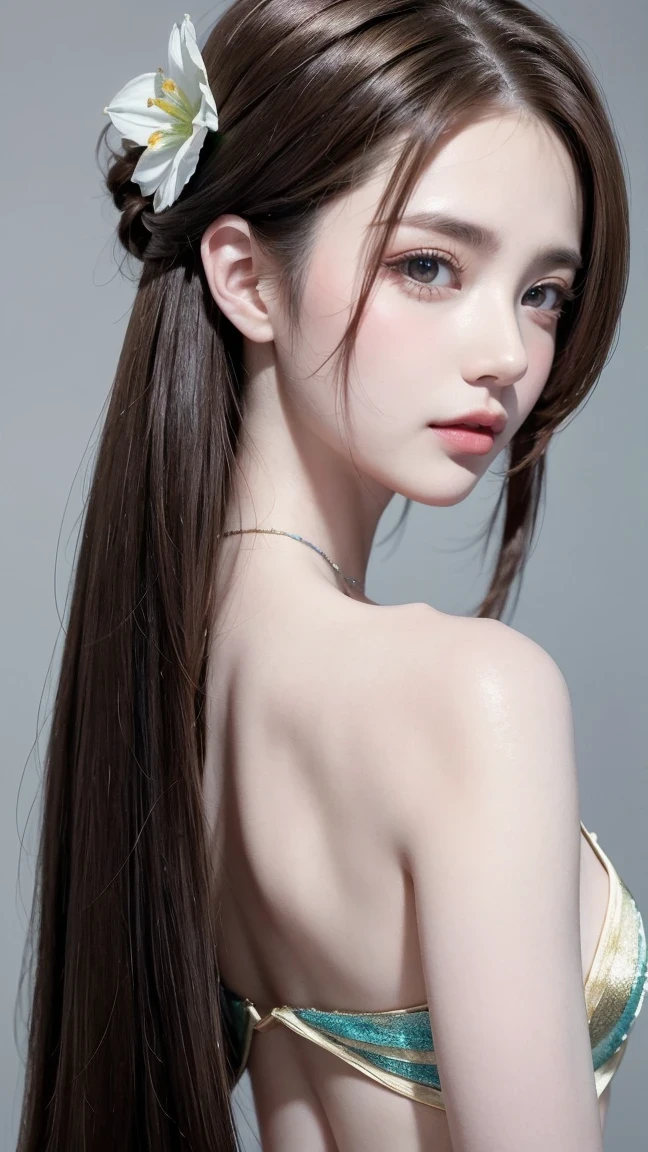 (masterpiece:1.2), (pale skin:1.2), (solo:1.2), (female:1.1), (emphasis lines:1.3), blue eyes, gradient eyes, green eyes, (brunette:1.3), (flower on hair:1.1), bare shoulders, shoulder blades