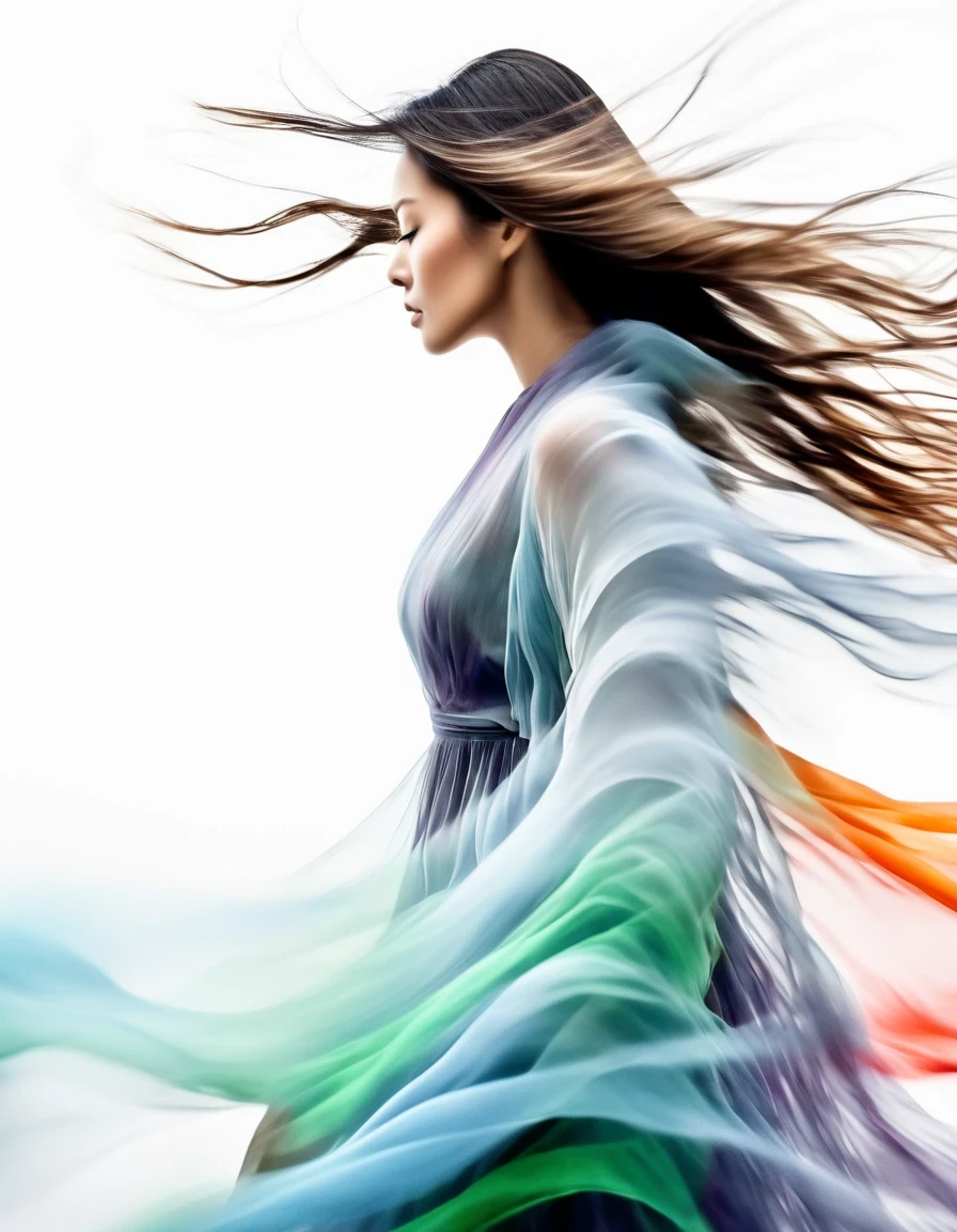 Motion Blur,black and white close up profile view of a woman in a complex colorful dress of misty translucent dormant air particles, on white background, professional fashion photography, super macro,hyper detailed texture of wavy long hair, poster like, japanese minimalism::1, tilt-shift on hands and face, nikon, hasselblad, canon, fujifilm, 8k, 16, 32k,
