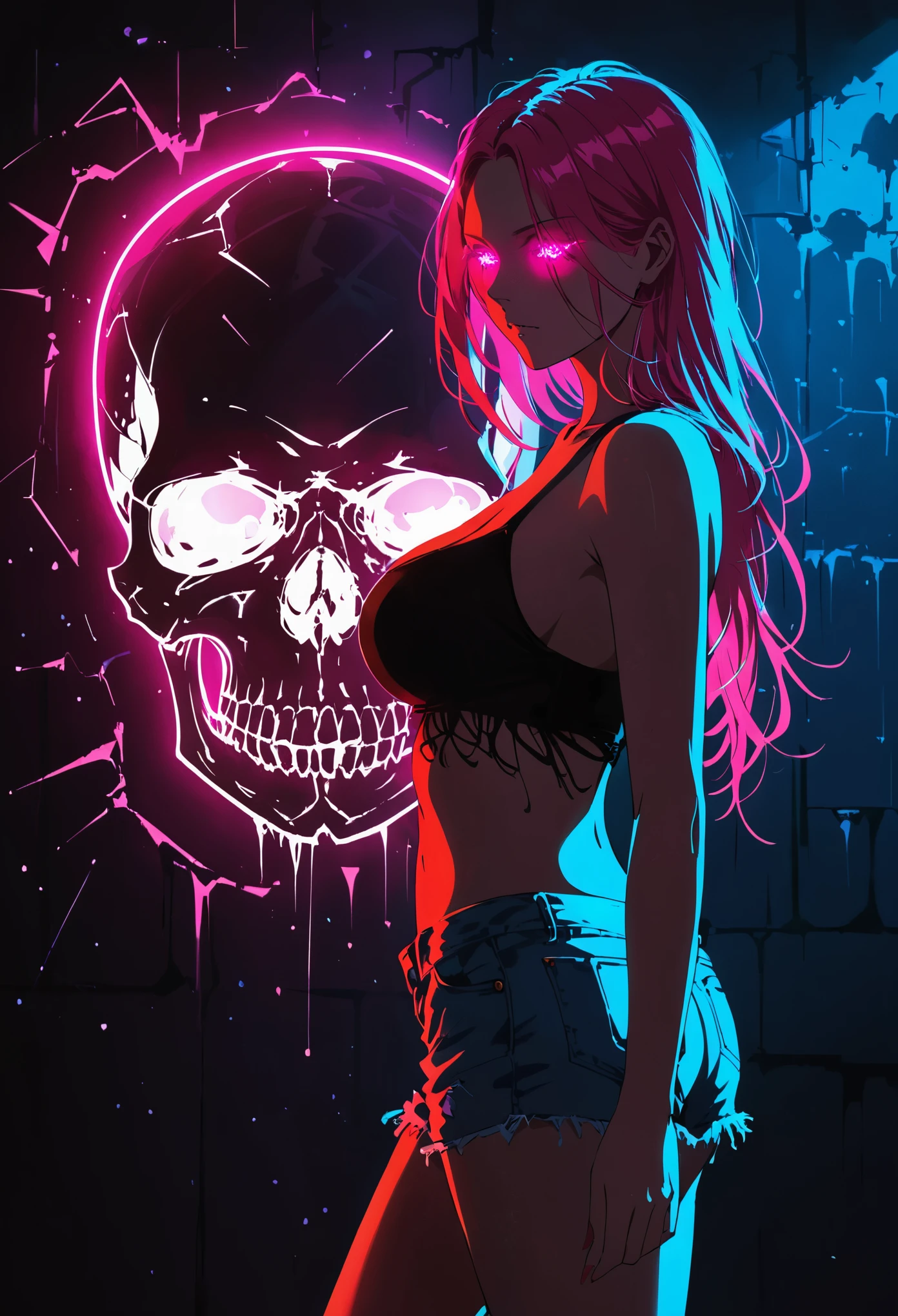 (red fluorescent Graffiti of mysterious giant skull :2.0),indoor,Fluorescent illumination, (Darkness shrouded, black background, shadow, extreme darkness, Dark atmosphere:3.0),Wall background,black background,silhouette,shadow,extreme darkness,Minimalist graffiti style background,Fluorescent pink eye graffiti,Dark atmosphere,cowboy shot,1girl,(shortest Short shirt cutting1.8),huge Breast,long nipple,nipple embossment,underboob,blurred background,Blurred foreground,Pink fluorescent hair,Fluorescent pink eyes,Hand raised and touching hair,long hair,Messy hair, Low rise denim shorts,Over-the-knee boots,pink eye glowing,Ruined eyeshadow,Poker face