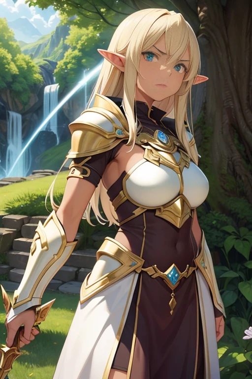 Tan skin, elf, sacred armor, glaring at viewer, Yggdrasil guardian, yggdrasil in the far background,