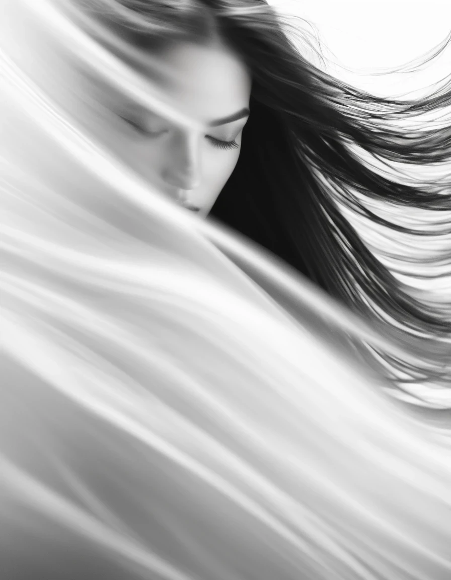 Motion Blur, black and white close up, white background, professional fashion black and white photography, super macro, misty light motion wave long hair and super detailed texture of delicate body, poster style, minimalism, tilt shift of hand and face, Nikon, Hasselblad, Canon, Fuji, 8K, 16K, 32K,