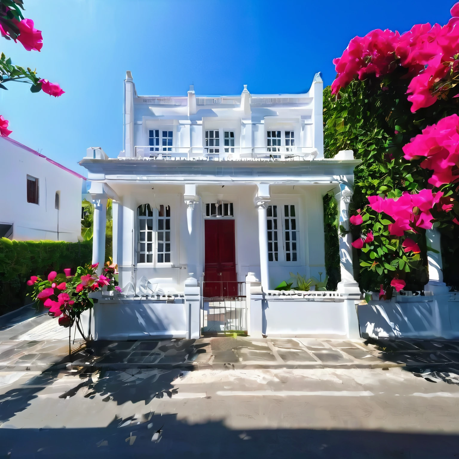1 neoclassical style house, The town house is made from white walls, beautyful light, beautyfulday, sunny, Many red bougainvilleas along the road:1.3, lovely youthful feeling :1.2, sunlight at 12 noon, Very beautiful shadows