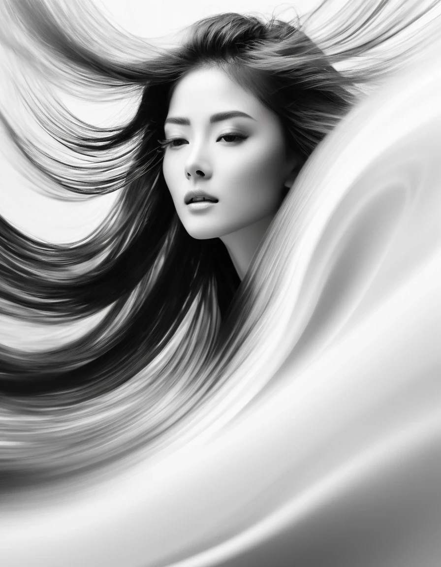 Motion Blur, (Half Body),black and white close up, white background, professional fashion black and white photography, super macro, misty light motion wave long hair with super detailed texture, poster style, minimalist, hand and face tilt shift, Nikon, Hasselblad, Canon, Fuji, 8K, 16K, 32K,