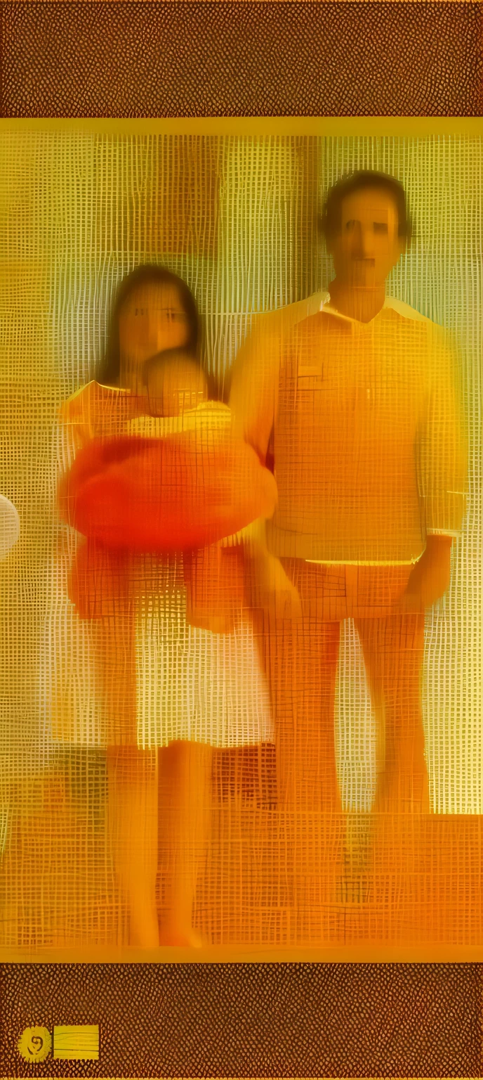 painting of a man and a woman standing with a baby, inspirado en Cimabue, sin ruido, impression, texturizado, collages digitales, arte figurativo abstracto, Artistic representation of warm color scheme, inspirado en Sigmar Polke, inspired by Anna Füssli, pintura citada, Multiexposure, ethereal yellow orange