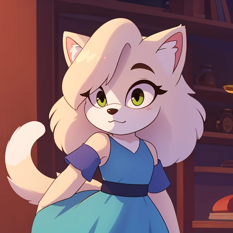 persian cat, white cat mobian, 1girl, fluffy hair, blue dress, fluffy tail