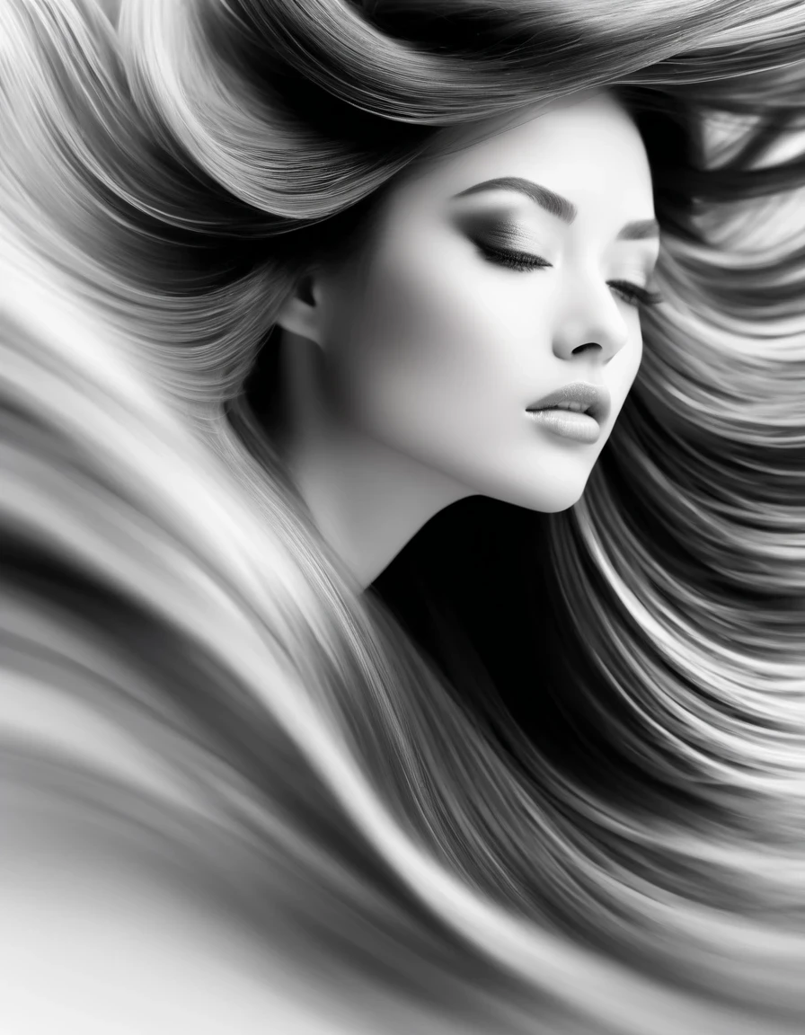 Motion Blur, black and white close up, white background, professional fashion black and white photography, super macro, misty light motion wave long hair with super detailed texture, poster style, minimalist, hand and face tilt shift, Nikon, Hasselblad, Canon, Fuji, 8K, 16K, 32K,