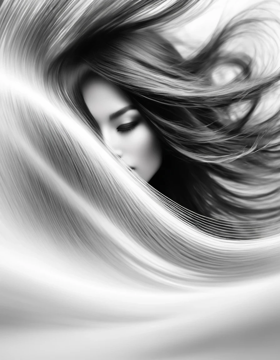 Motion Blur, black and white close up, white background, professional fashion black and white photography, super macro, misty light motion wave long hair with super detailed texture, poster style, minimalist, hand and face tilt shift, Nikon, Hasselblad, Canon, Fuji, 8K, 16K, 32K,