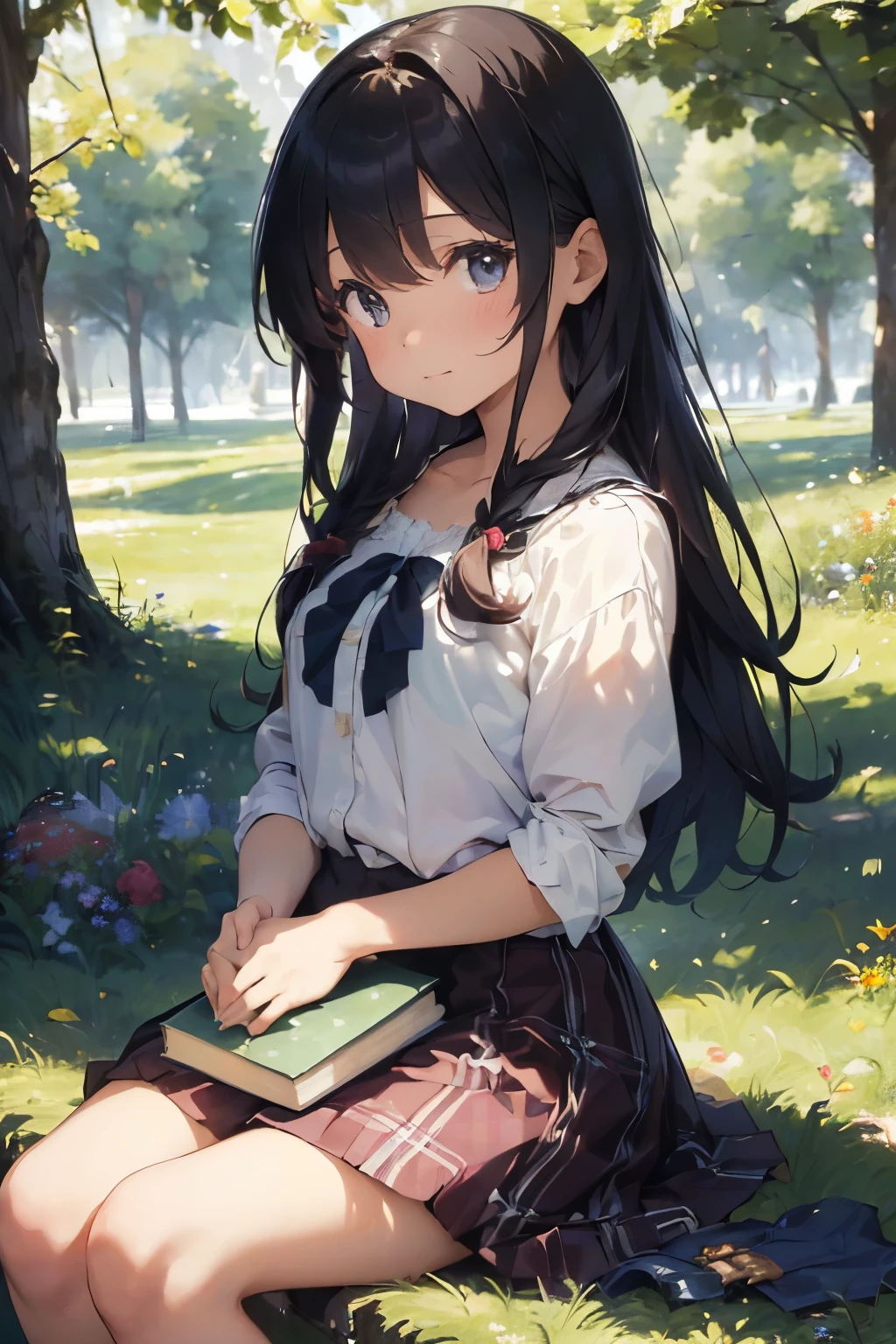 A schoolgirl school uniform mini-skirts Physical education sitting Hi-Res beste-Qualit kawaii grass field anime illustrated