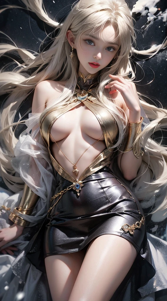 ((SuperiorQuality, 8K, tmasterpiece: 1.5)), Pubic area is clear: 1.2, Perfect body beauty: 1.4, Large of breast, Light gray hair, Gold cutout skirt,wetted skin, the areola is visible, Clear liquid splashed on the body, Sleep in the snow,Film texture,