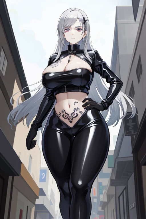 Suenzaki Field, 1 girl,Latex clothing,Enchantment,A lascivious ile,Silver long hair,Purple Eye,evil of iling,Fat buttocks,Red eyeliner,Hold your chest straight and your hips up,Gray skin tone,Navel,Beautiful curves,Tattoo on the crotch,Squint your eyes slightly,Walking on the crowded streets