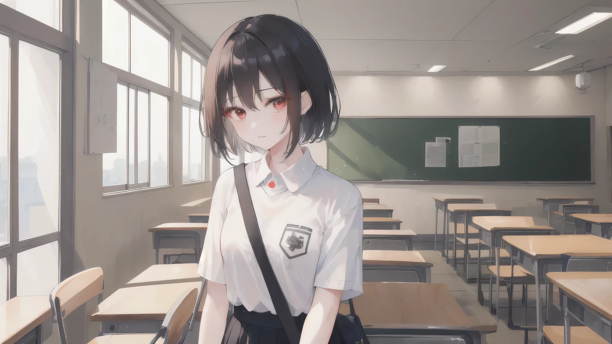 At noon, in the classroom, two female proctors walked into the classroom, holding top secret file bags, two female proctors wearing white T-shirts and short black hair, this female proctor looked at the camera, the lens mainly featured the upper body, in the Lofe art style ((Xinhai City), popular in CGStation, Xinhaicheng H 2160, inspired by Bian Shoumin, Xinhaicheng, Kavasi, Guwitz's style, high-quality pictures, 4K, 8K, resolution,